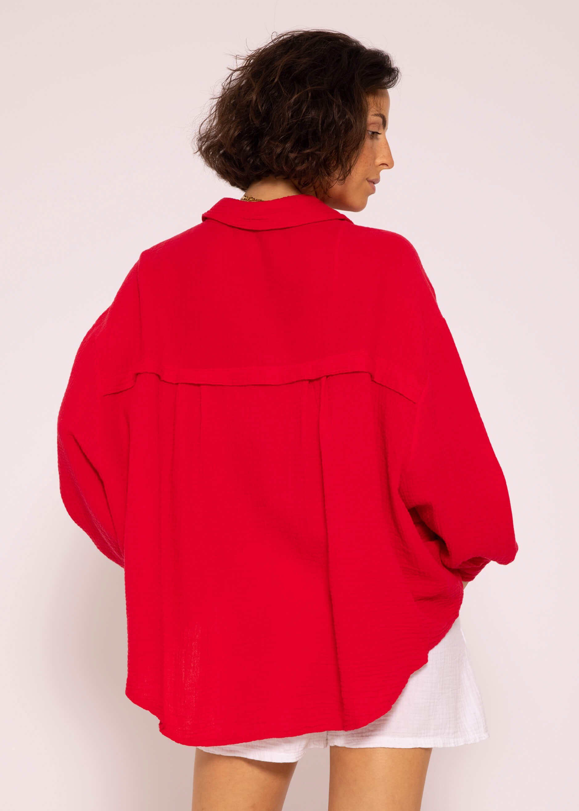 Langarm Oversize Musselin Longbluse Damen mit lang One V-Ausschnitt, Hemdbluse Rot aus 36-48) Bluse Size SASSYCLASSY Baumwolle (Gr.