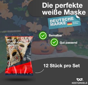 Kostümheld® Verkleidungsmaske 12x Maske weiß - Theathermaske zum bemalen Fasching & Halloween, (Packung, 12-tlg., 12x Theatermaske weiß), zum Bemalen