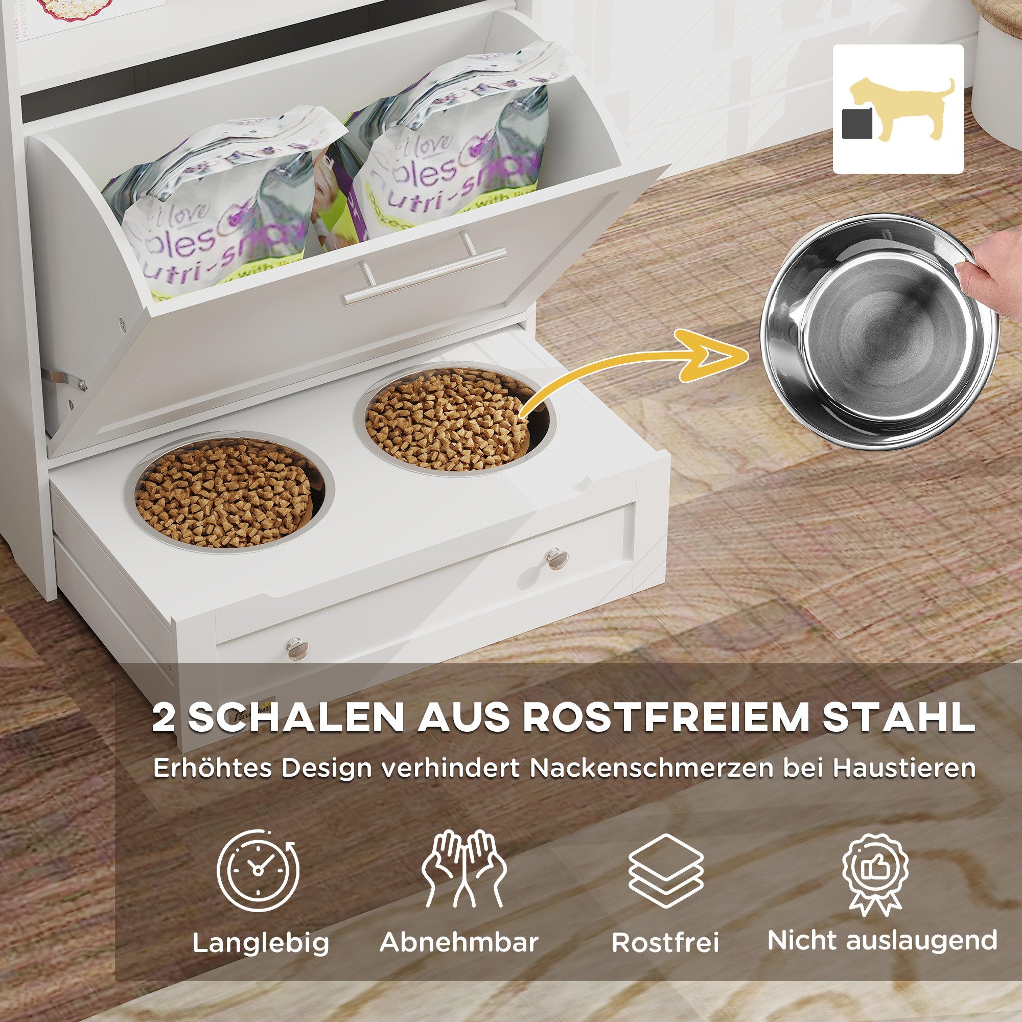 PawHut Futterstation Haustier-Futterschrank mit 2 Edelstahlnäpfen, 3 Haken, Edelstahl, für Hunde, 61 x 35,5 x 82 cm, Weiß