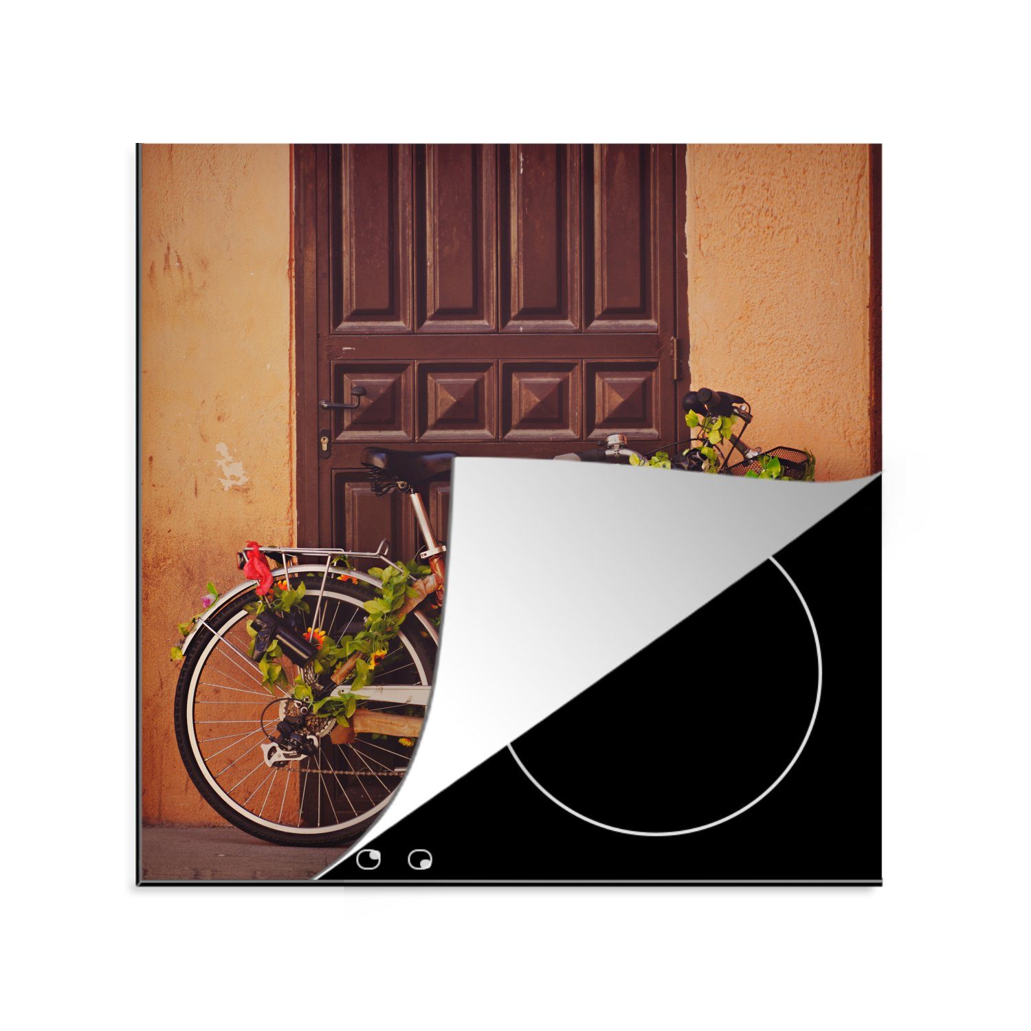 MuchoWow Herdblende-/Abdeckplatte Fahrrad - Blumen - Tür, Vinyl, (1 tlg), 78x78 cm, Ceranfeldabdeckung, Arbeitsplatte für küche