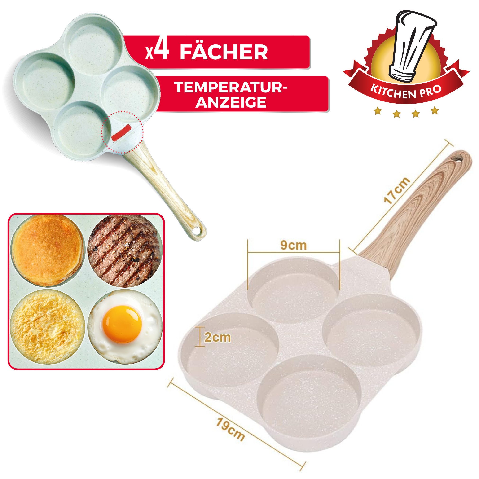 Venteo Crêpepfanne Kitchenpro 4er Pancake Pfanne, Aluminium (Spar Set, 1-tlg., 1er oder 2er Pack), Pancakepfanne mit Temperaturanzeige, Marmorstein Antihaftbeschichtung