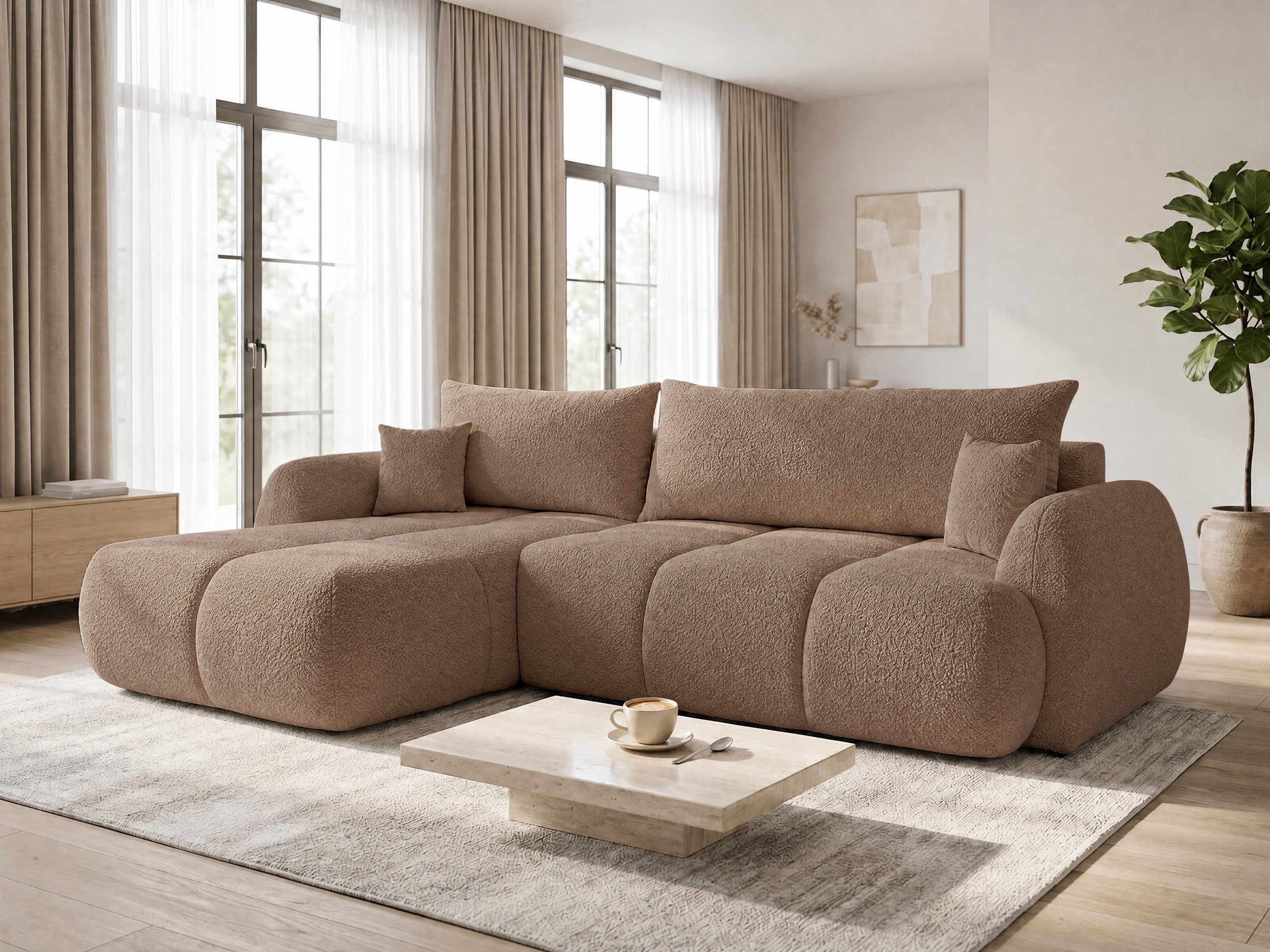 Sofnet Ecksofa Loria, mit Schlaffunktion und Bettkasten, Weiches Schlafsofa mit Wellenfeder, L-Form Couch, Bouclé