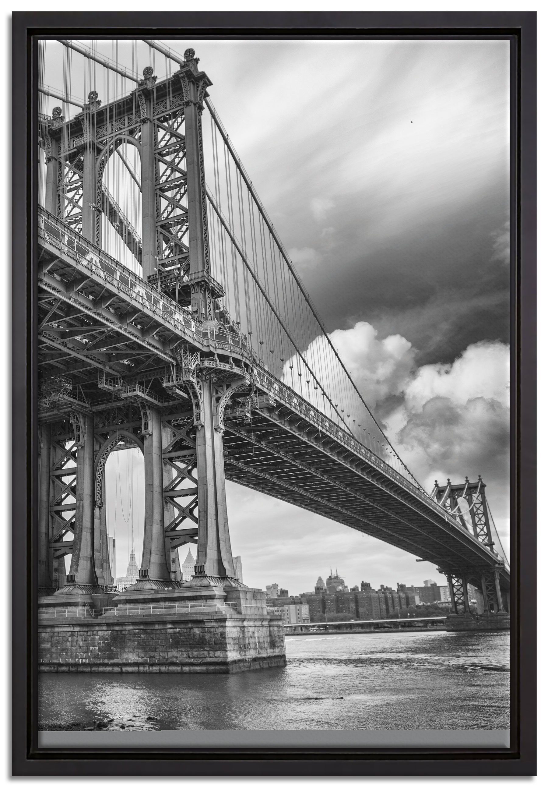 Pixxprint Leinwandbild Manhattan Bridge New York, Wanddekoration (1 St), Leinwandbild fertig bespannt, in einem Schattenfugen-Bilderrahmen gefasst, inkl. Zackenaufhänger