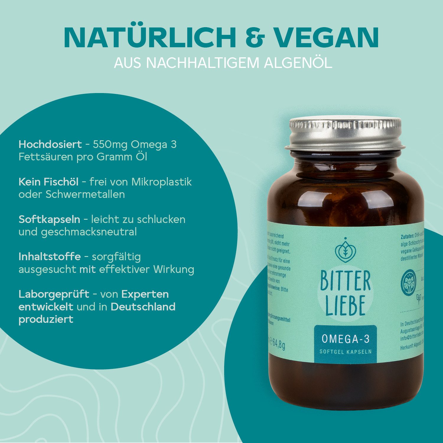 BitterLIebe - Vegane Omega 3 Kapseln - hochdosiert aus pflanzlichen Algenöl - Kapseln