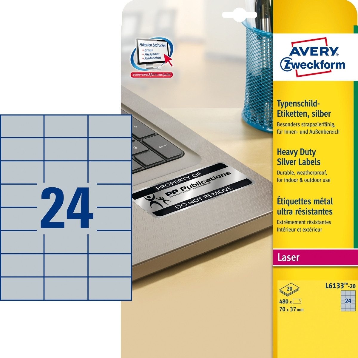 Avery Zweckform Etiketten Typenschild-Etiketten 70 x 37mm silber VE=480 Stück