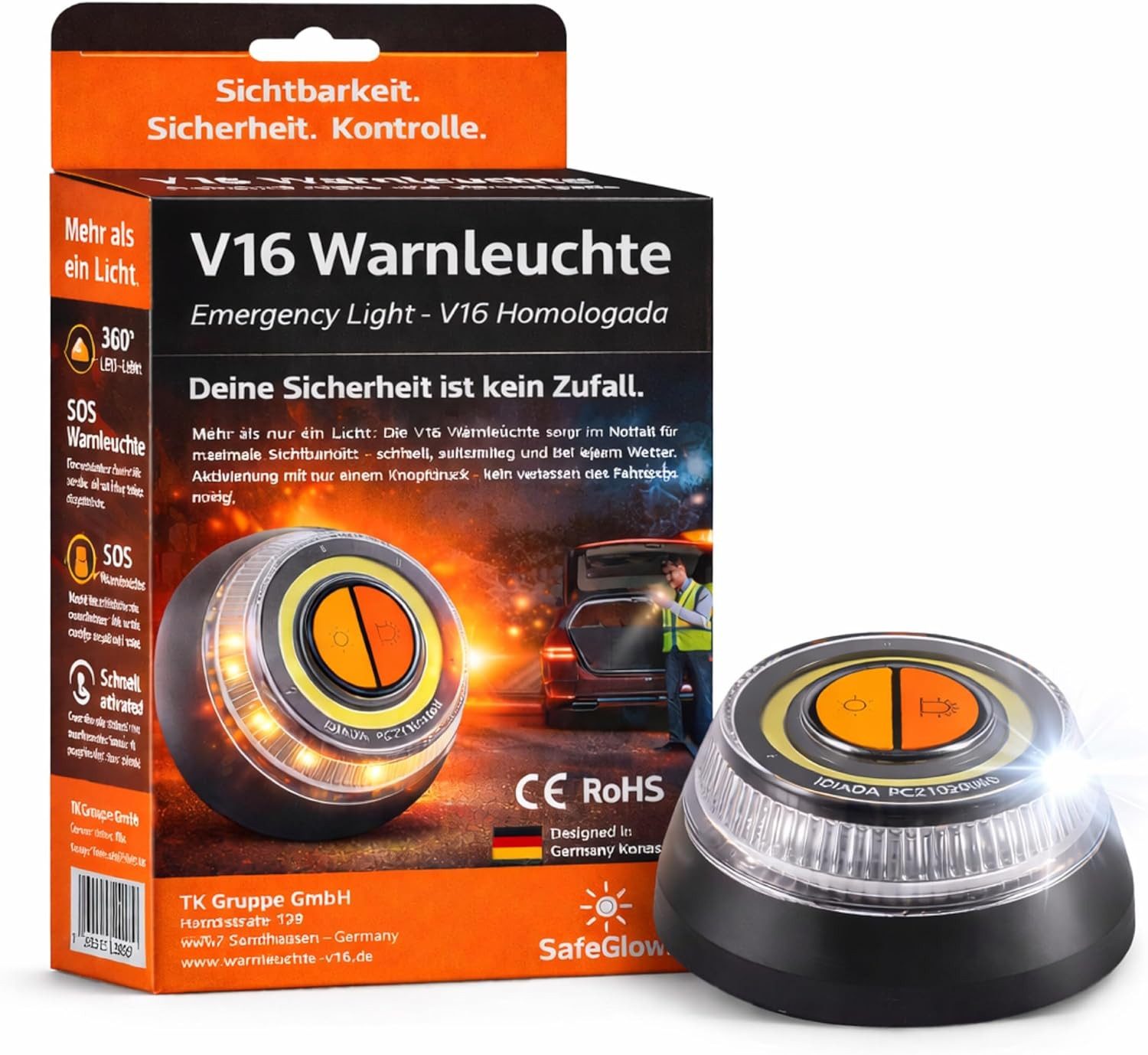 Safeglow LED-Warndreieck Warnleuchte V16 EU IDADA 21020060 Warndreieck Auto & Motorrad (Packung)