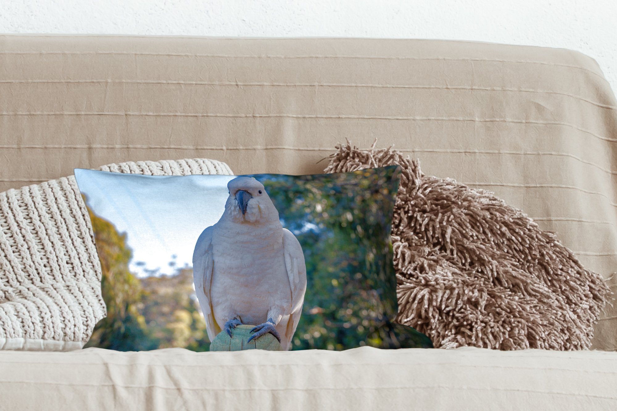 Kakadu Dekokissen die Zierkissen, schaut Ein Füllung, Dekokissen MuchoWow weißer mit Dekoration, Kamera, in direkt Schlafzimmer Wohzimmer