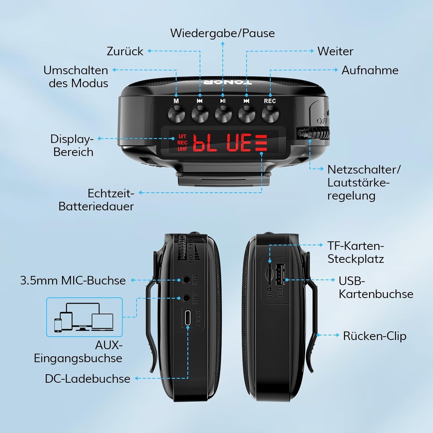 TONOR Mikrofon TONOR Sprachverstärker K11 tragbar mit Bluetooth Lautsprecher