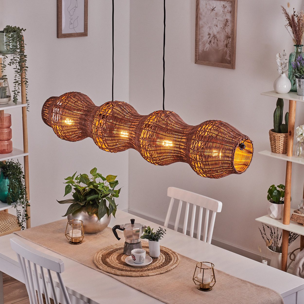Pendelleuchte Hängelampe aus Metall/Rattan in Schwarz/Dunkelbraun/Naturfarben