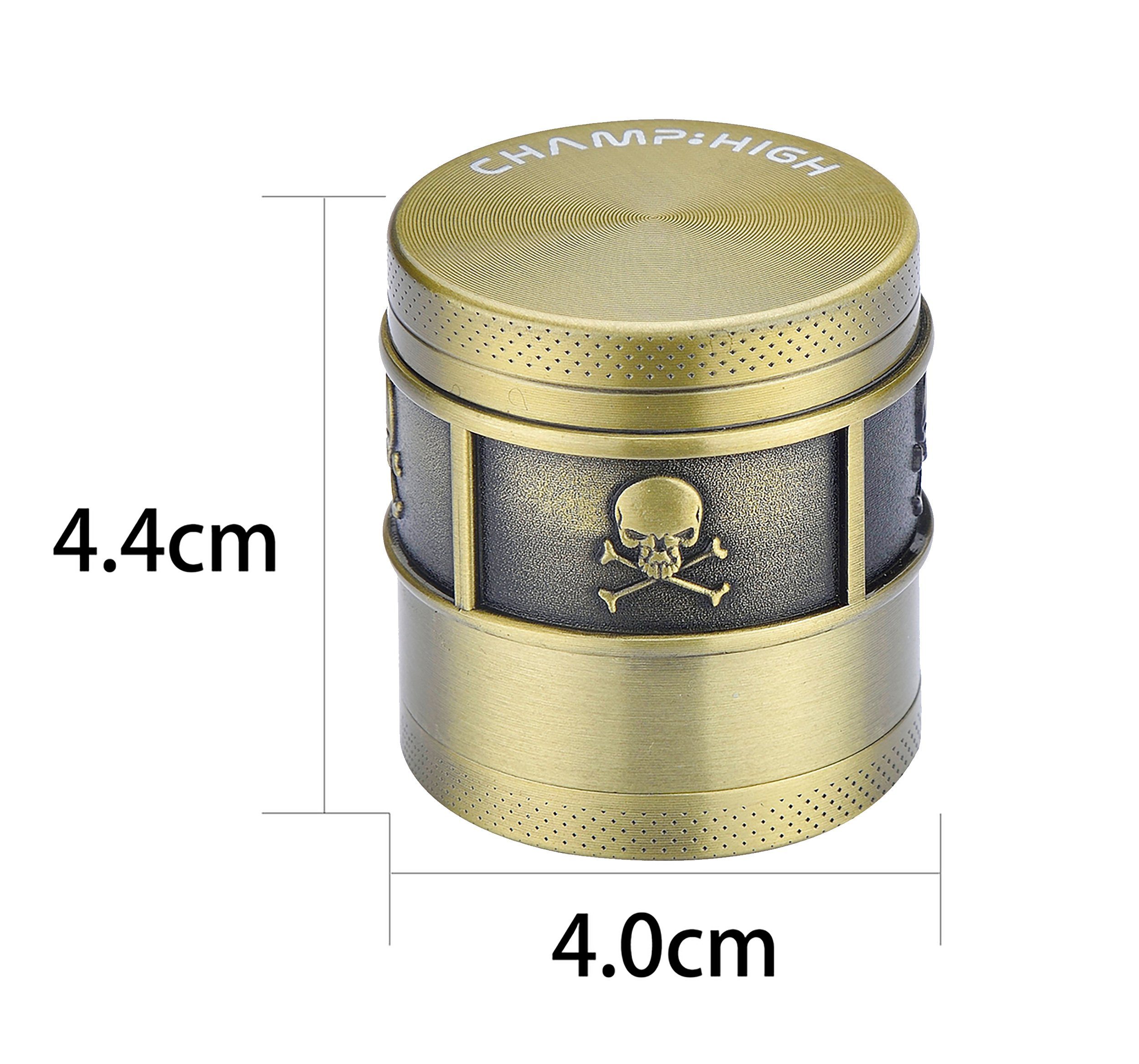 CHAMP HIGH Kräutermühle GRINDER "Totenkopf" 40mm 4-teilig Metall Crusher Sieb 030 (Altgold), Skull Tabak Gewürz Kräuter Mühle Herb