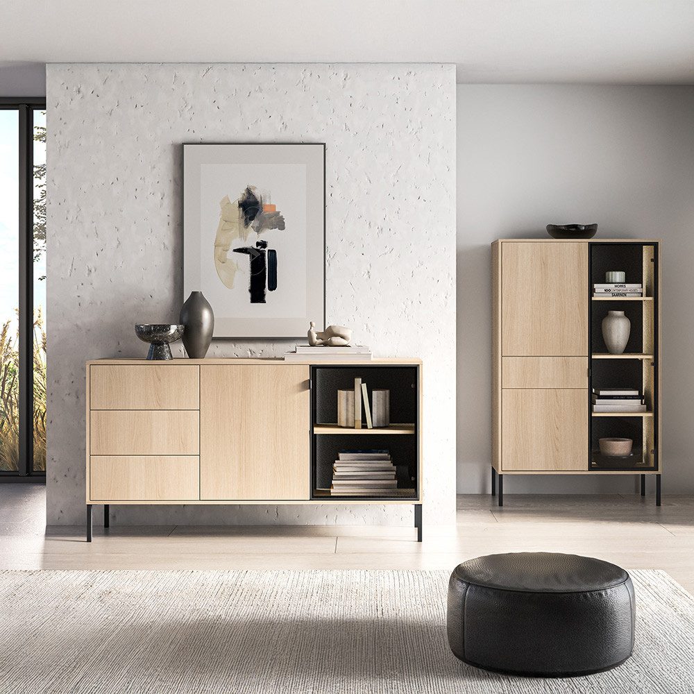 Lomadox Wohnzimmer-Set BANSIN-131, (Mega-Spar-Set, 2-St., Kommode), in Eiche, Türen mit Softclose, griffloses Design, Glasfront