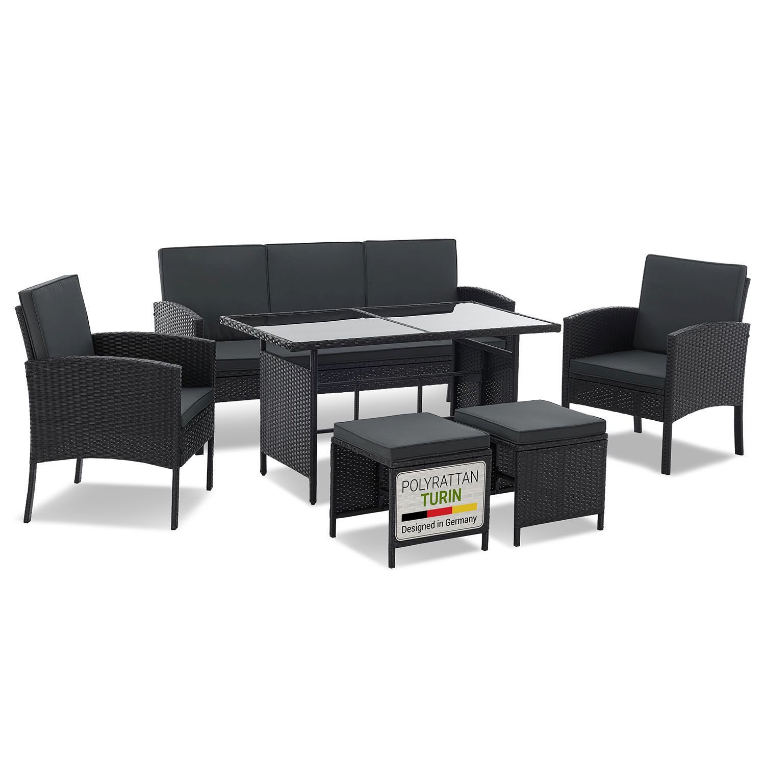 Juskys Gartenlounge-Set Turin, (6-tlg), Polyrattan Sitzgruppe für 7 Personen, Gartenmöbel Set 6-teilig