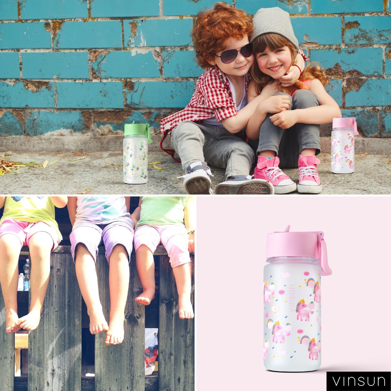 Trinkflasche Vinsun auslaufsicher, - Geschmacksneutral BPA Geruchs- Auslaufsicher Einhorn, Trinkflasche bruchsicher, mit und Strohhalm - Kinder frei, rosa 350ml