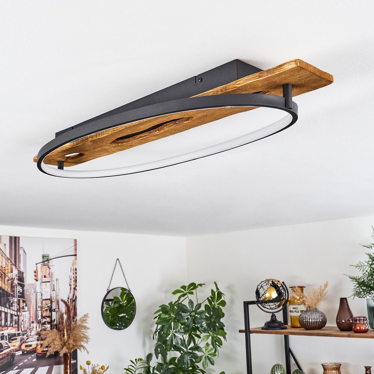 hofstein Deckenleuchte moderne Deckenlampe aus Metall/Holz/Kunststoff, LED fest integriert, 3000 Kelvin, Leuchte mit Holzbalken, 2400 Lumen, LED 20 Watt