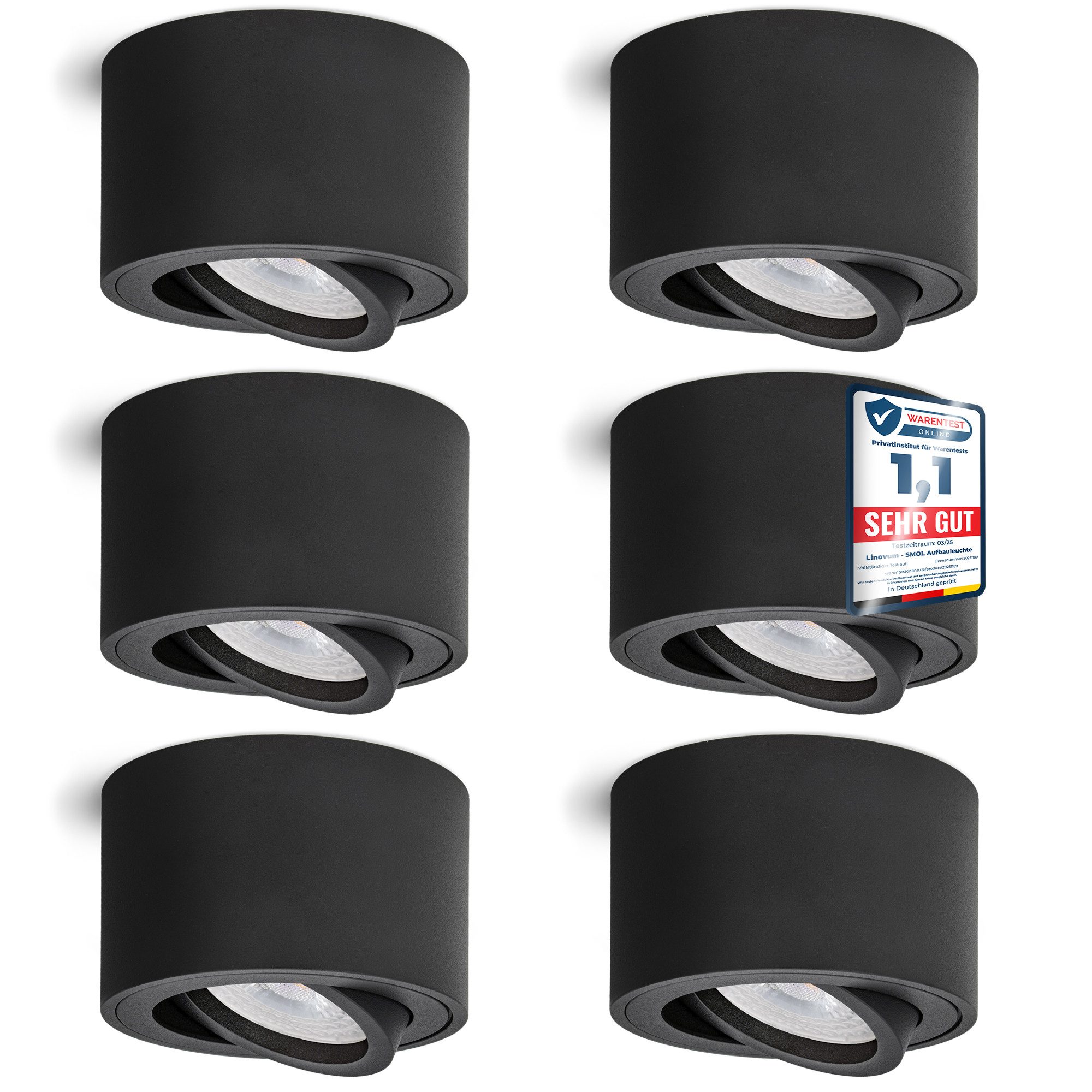 linovum LED Aufbaustrahler 6 x Aufbauleuchte SMOL schwenkbar in schwarz matt & rund mit LED, Warmweiß