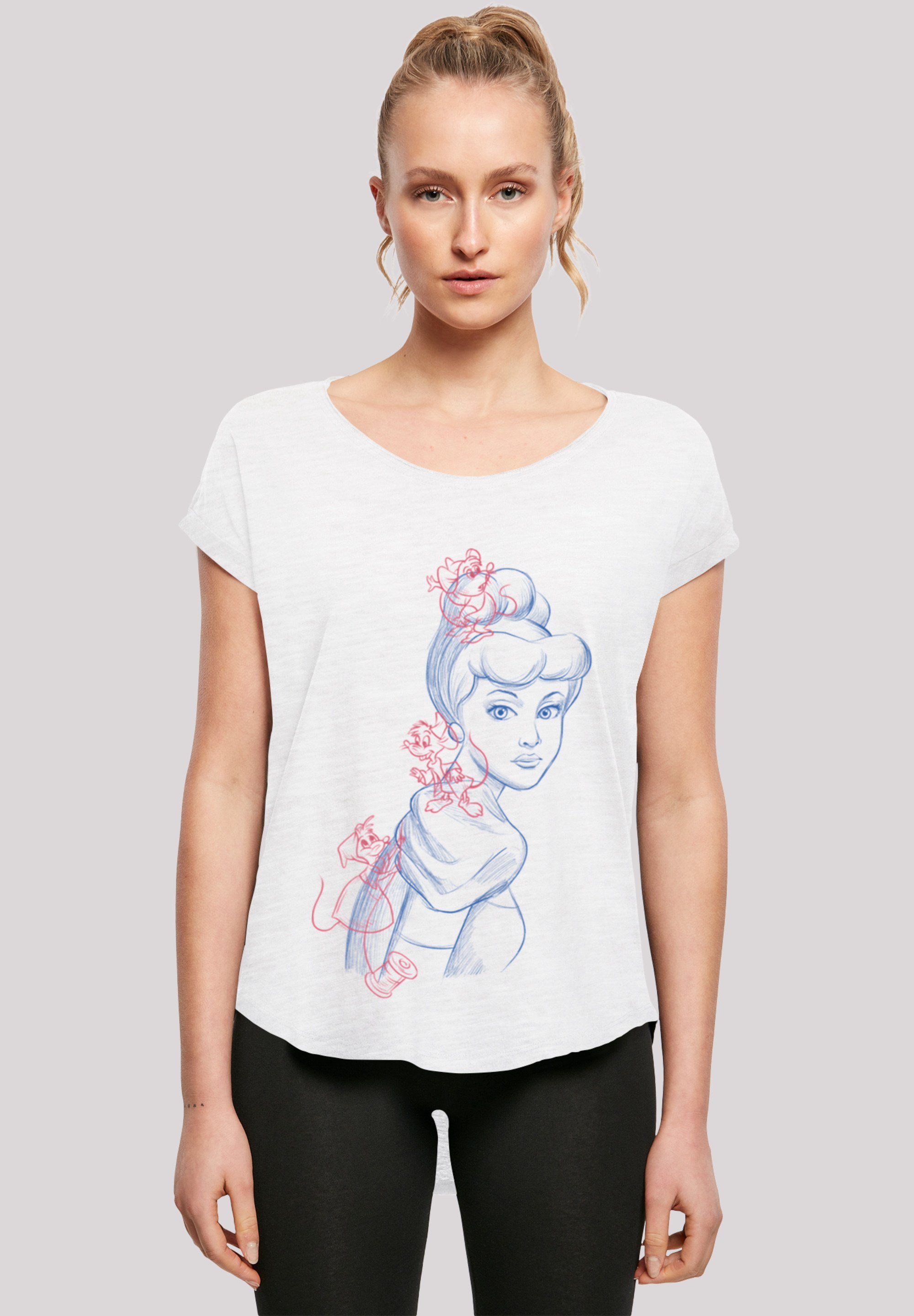 T-Shirt Disney Damen,Premium Merch,Lang,Longshirt,Bedruckt Cinderella Mouse Zeichnung F4NT4STIC