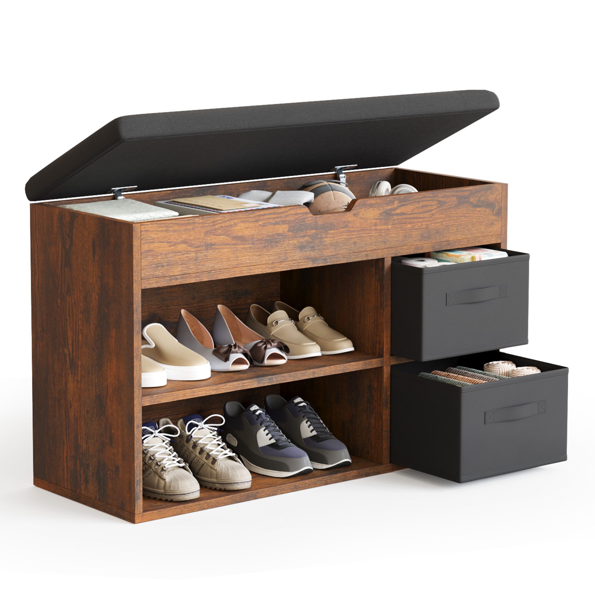 Mondeer Schuhbank Schuhhocker (80 x 48 x 30 cm), Holzschuhablage mit Stoffschublade und aufklappbarem Sitzfläche – Bild 3 von 5