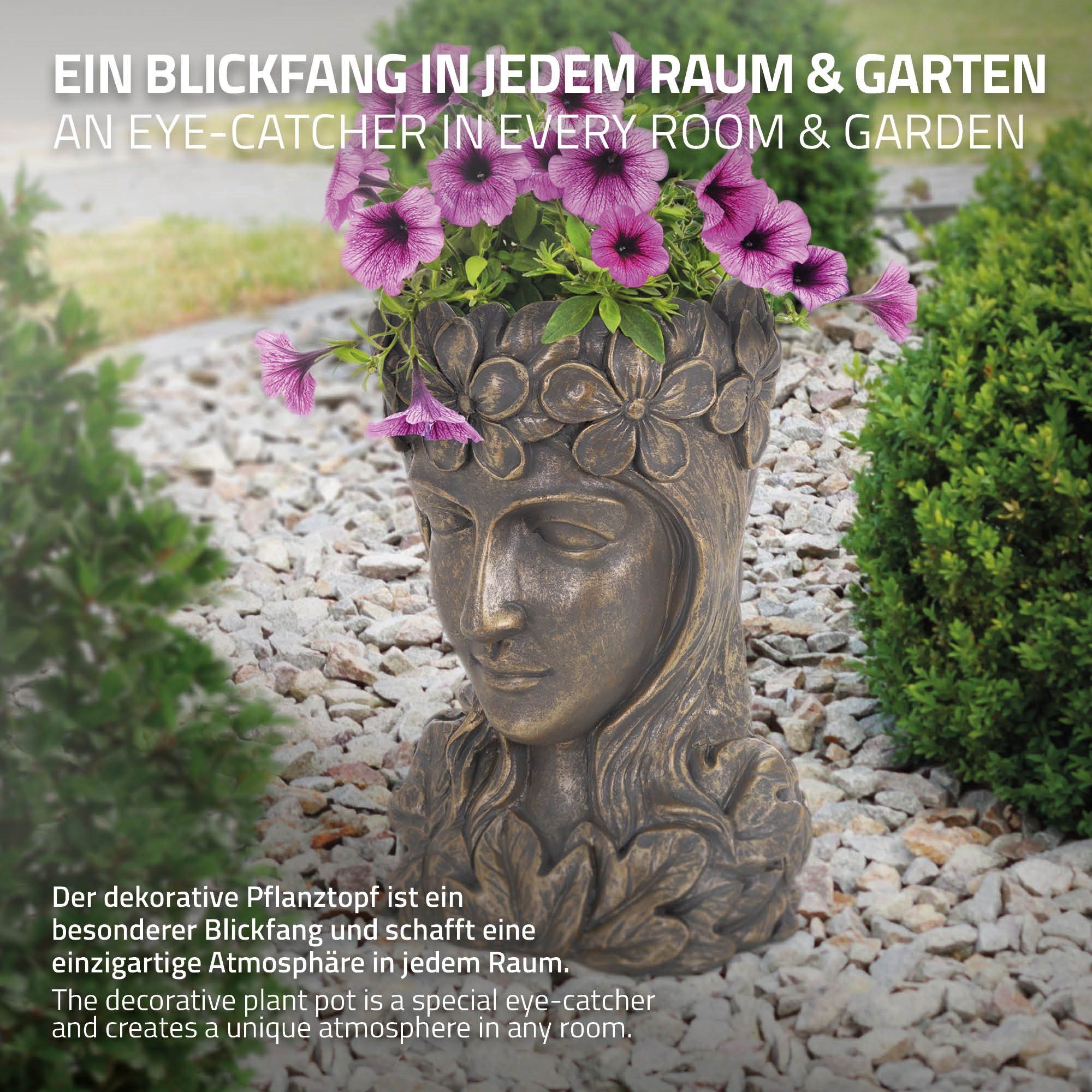 21x16x32 Dame Bronze Büste Groß Groß Skulptur Frauenkopf Blumentopf Innen/Außen cm Figur Kunstharz Pflanztopf Statue Gesicht, ML-DESIGN