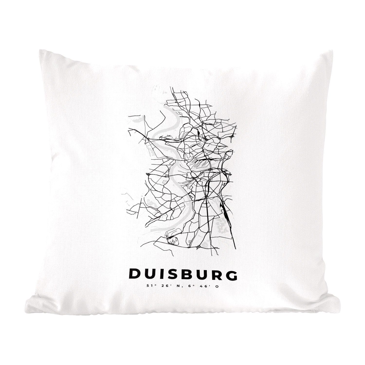 MuchoWow Dekokissen Karte - Duisburg - Schwarz-Weiß - Stadtplan, Zierkissen mit Füllung für Wohzimmer, Schlafzimmer, Deko, Sofakissen