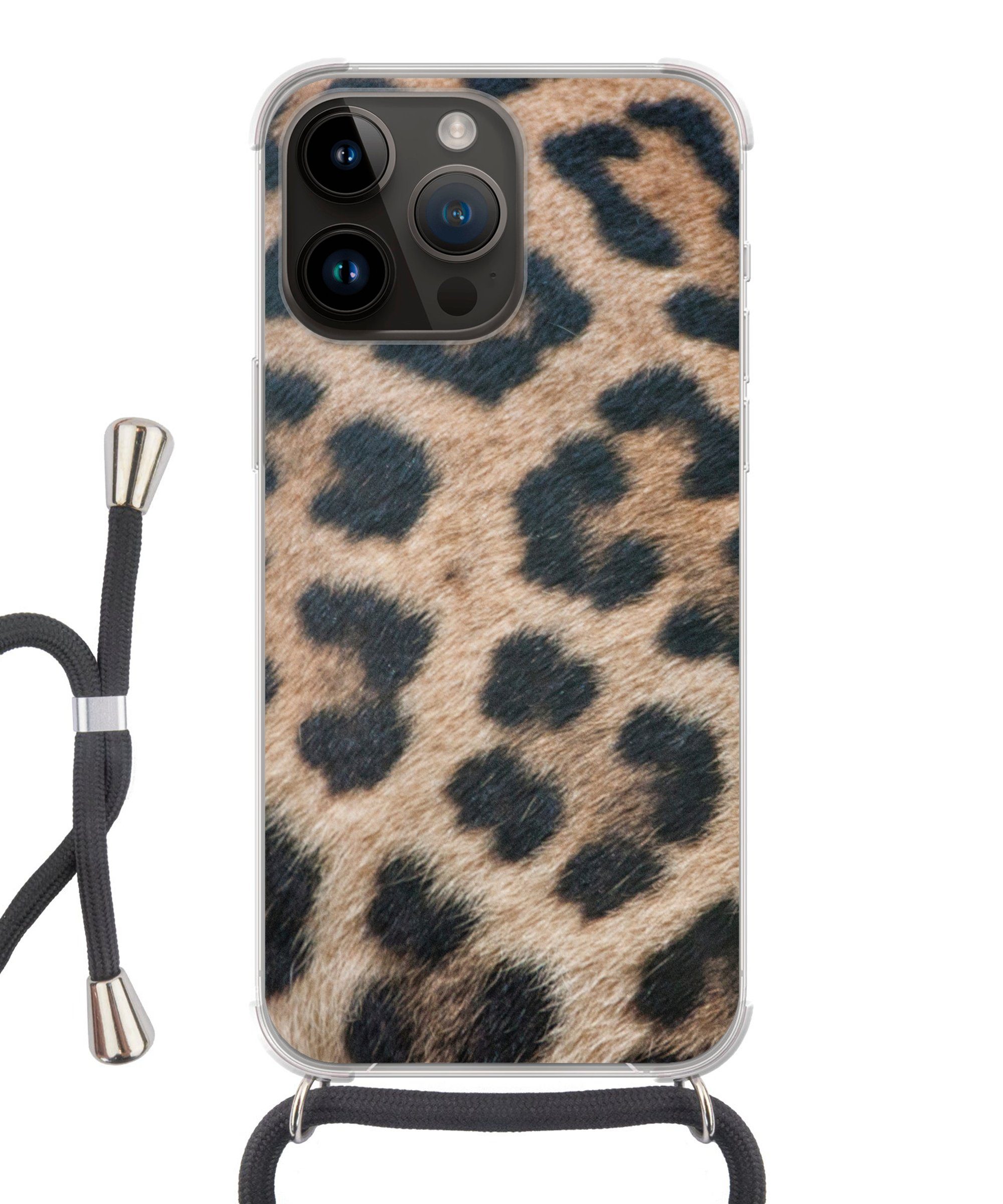 MuchoWow Handyhülle für Apple iPhone 14 Pro Leopardenmuster, Tragbare Handyhüllen mit Kette zum umhängen, Handykette Handyband