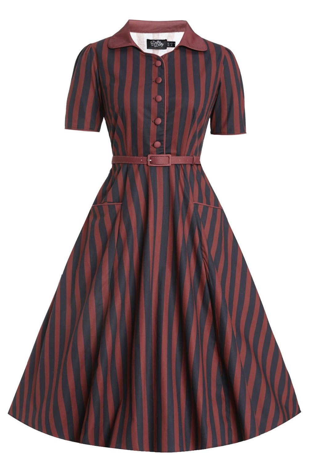 Dolly and Dotty A-Linien-Kleid Penelope 50s Shirt Dress Navy Burgundy Stripes Vintage Retro Rockabilly