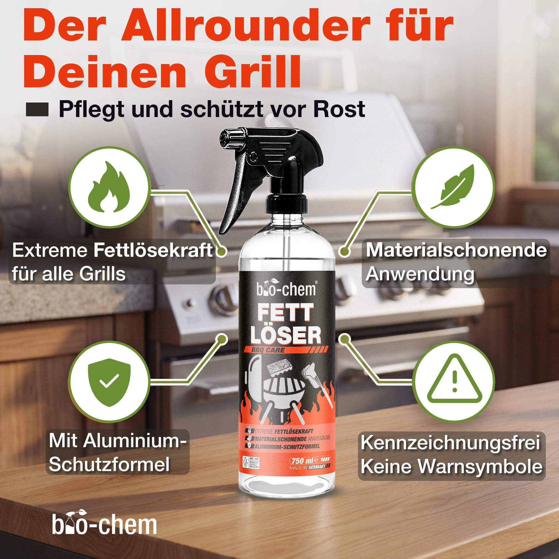 bio-chem Fettlöser mit Alu-Schutzformel - Effektiv, Materialschonend Grillreiniger (Einzelprodukt, [- Fettlöser 0.75 l Handsprayflasche Materialschonend & lebensmittelecht)