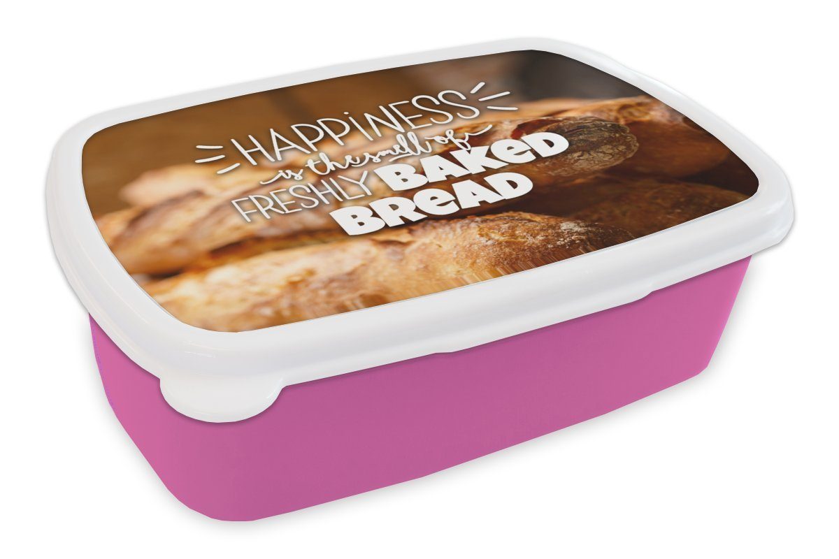 MuchoWow Lunchbox Sprichwörter - Zitate - 'Glück ist der Duft von frisch gebackenem, Kunststoff, (2-tlg), Brotbox für Erwachsene, Brotdose Kinder, Snackbox, Mädchen, Kunststoff rosa