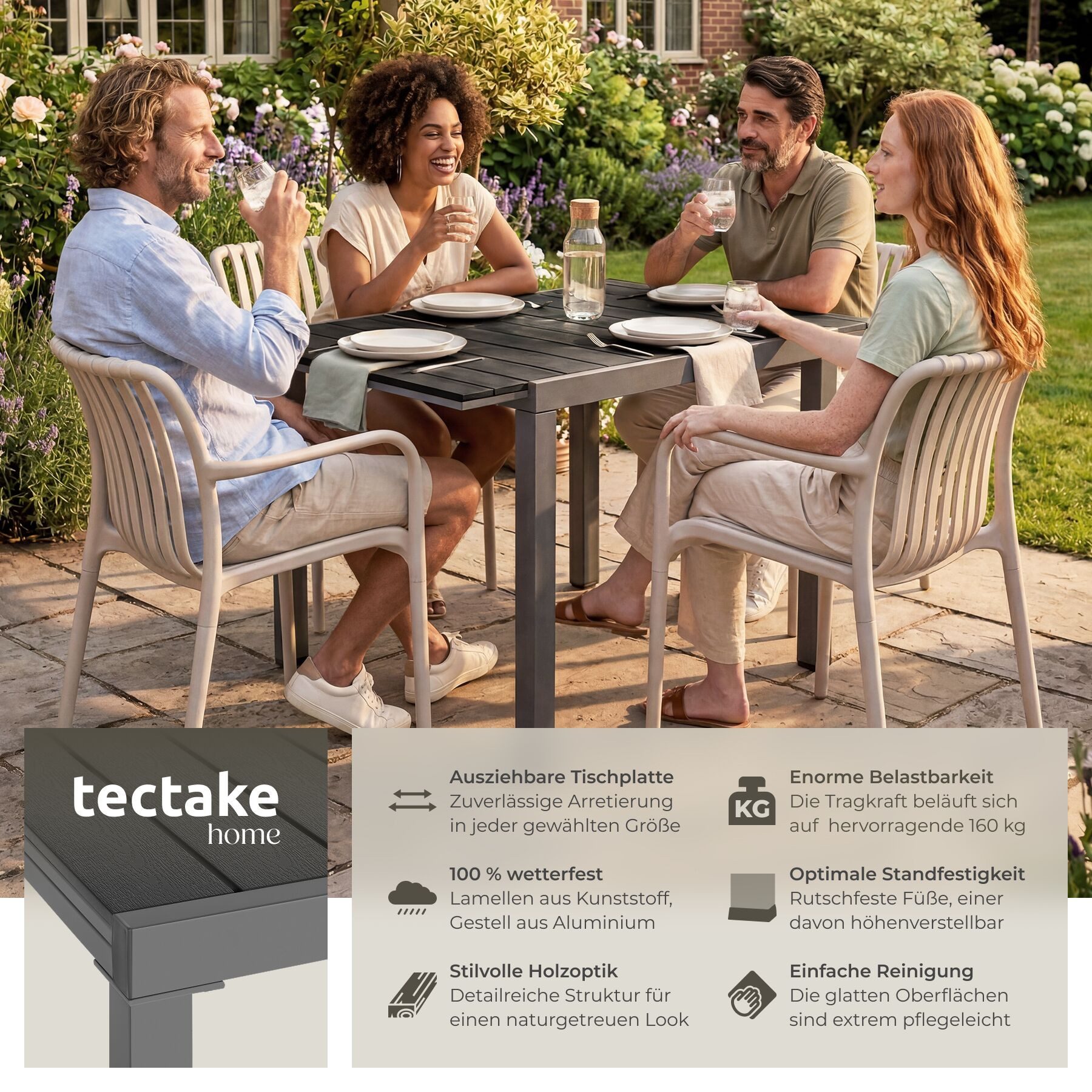 tectake Gartentisch Outdoor-Esstisch aus Aluminium für 4-6 Personen, 80–120 x 80 x 74 cm (Balkontisch Inca, 1-St., in schwarz), Lamellen in Holzoptik, wetterfest und UV-beständig, höhenverstellbar