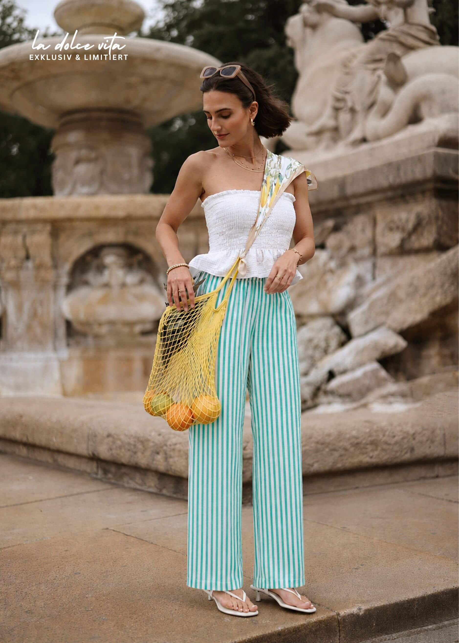 SASSYCLASSY Stoffhose Gestreifte Hose mit weitem Bein für Damen Stilvolle Viskose-Hose mit elastischem Bundund Eingriffstaschen Grün