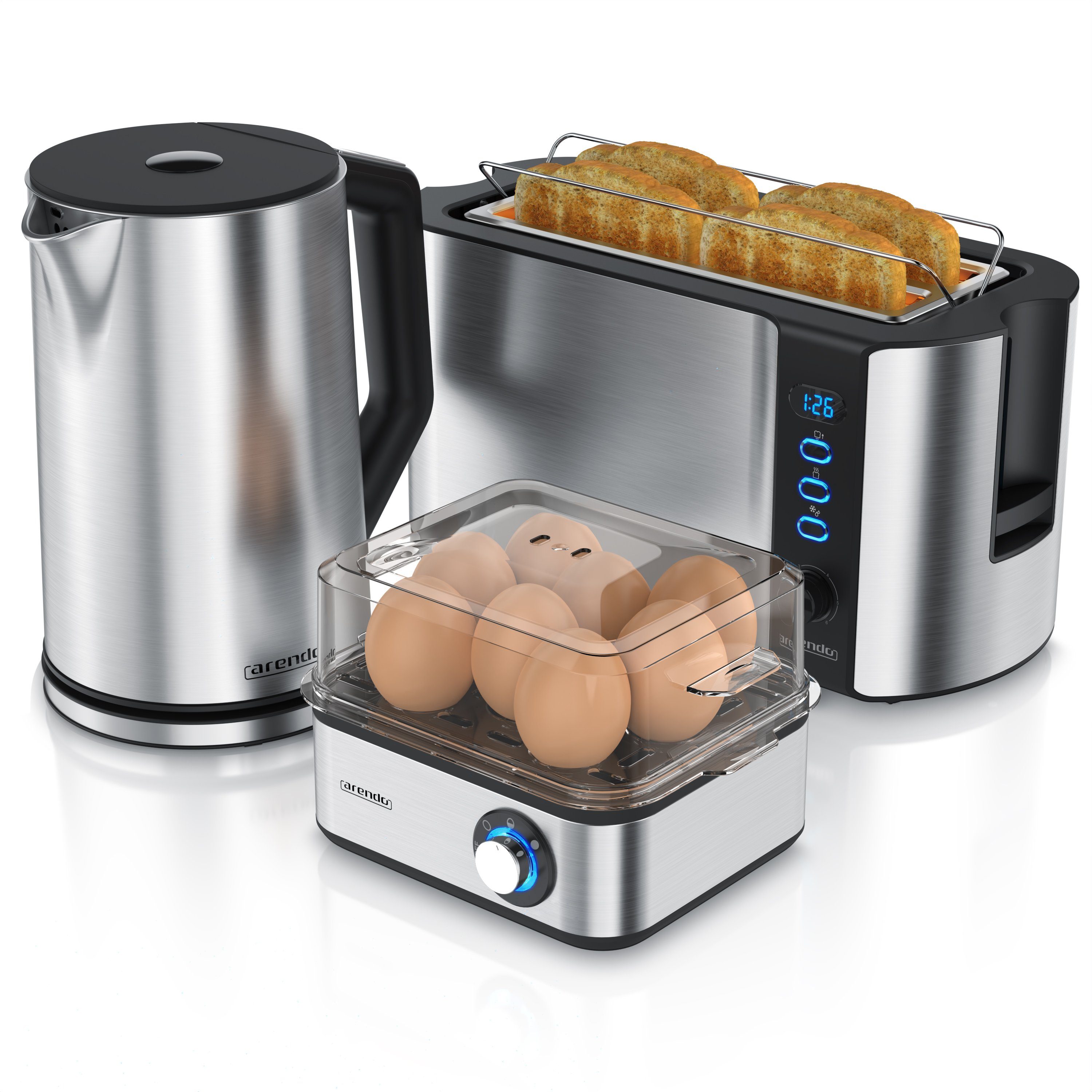Arendo Frühstücks-Set (3-tlg), Wasserkocher 1,5l, 4-Scheiben Toaster, 8er Eierkocher, Silber