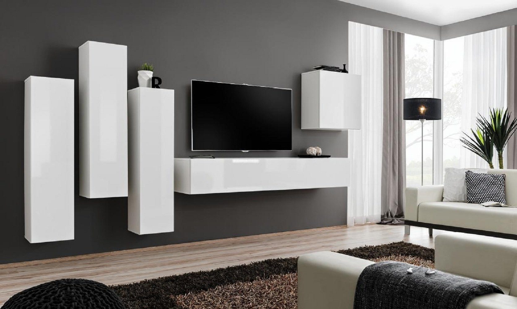 JVmoebel Wohnzimmer-Set Wohnzimmer Garnitur Luxus Weiß Wandschrank Wohnwand Holz, (6-St., 1x Wohnwand + 1x TV Ständer + 4x Wandschrank), Made in Europa