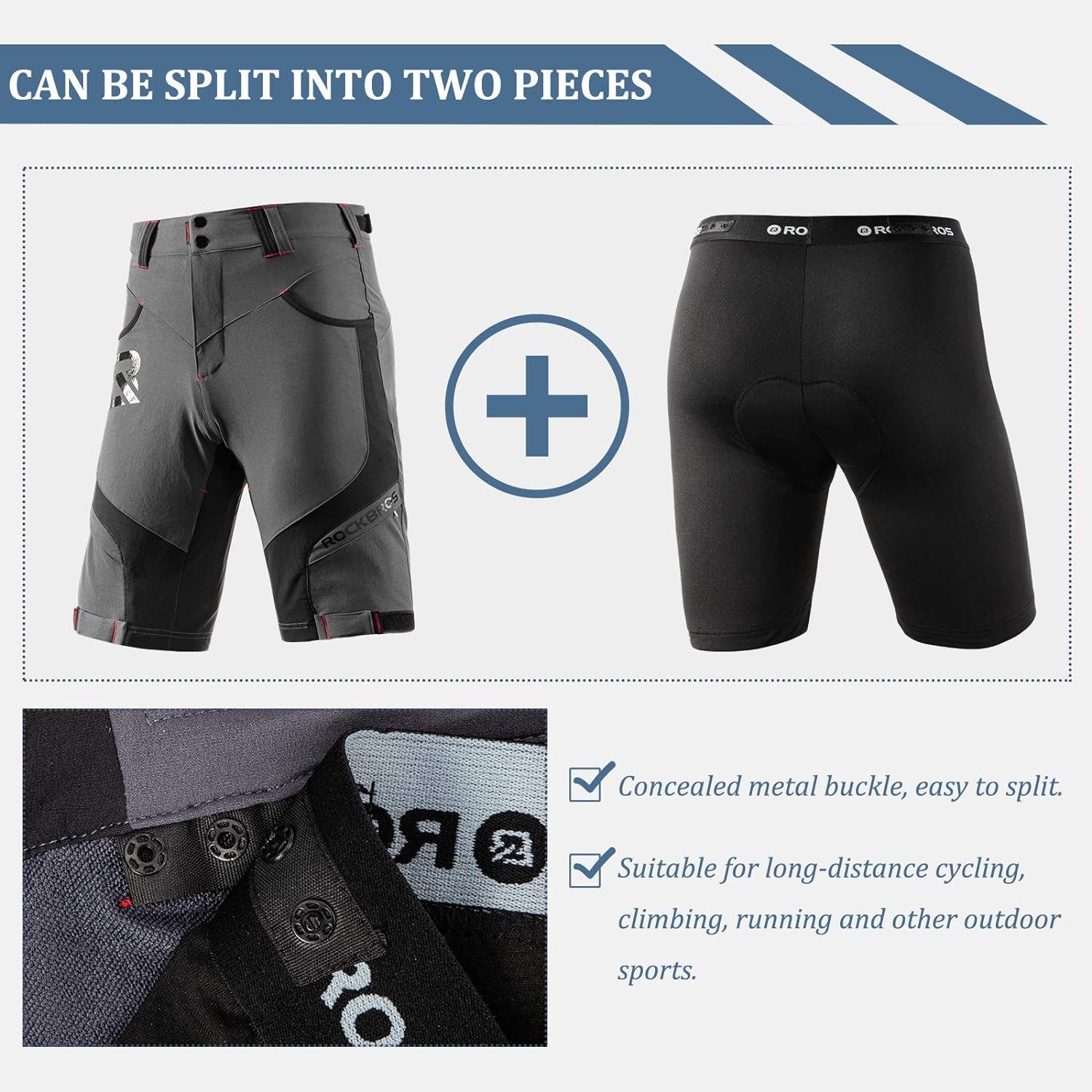 ROCKBROS Radlerhose Kurz Radlerhose Herren Fahrradhose mit Sitzpolster M-4XL (1-tlg) 4D Atmungsaktiv Schnelltrocknend Radhose MTB Hose Bike Shorts