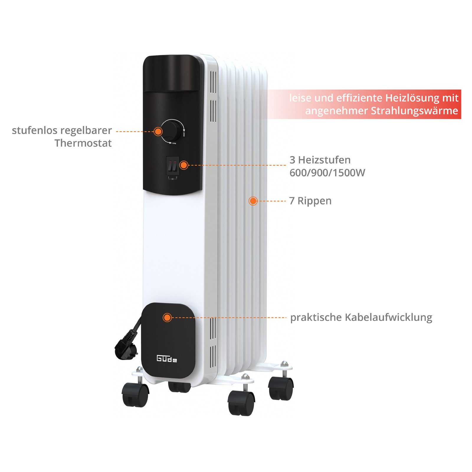 Güde Ölradiator 7 Lamellen Thermostat Energiesparend Konvektor Elektroheizung 1500 W, 1500 W