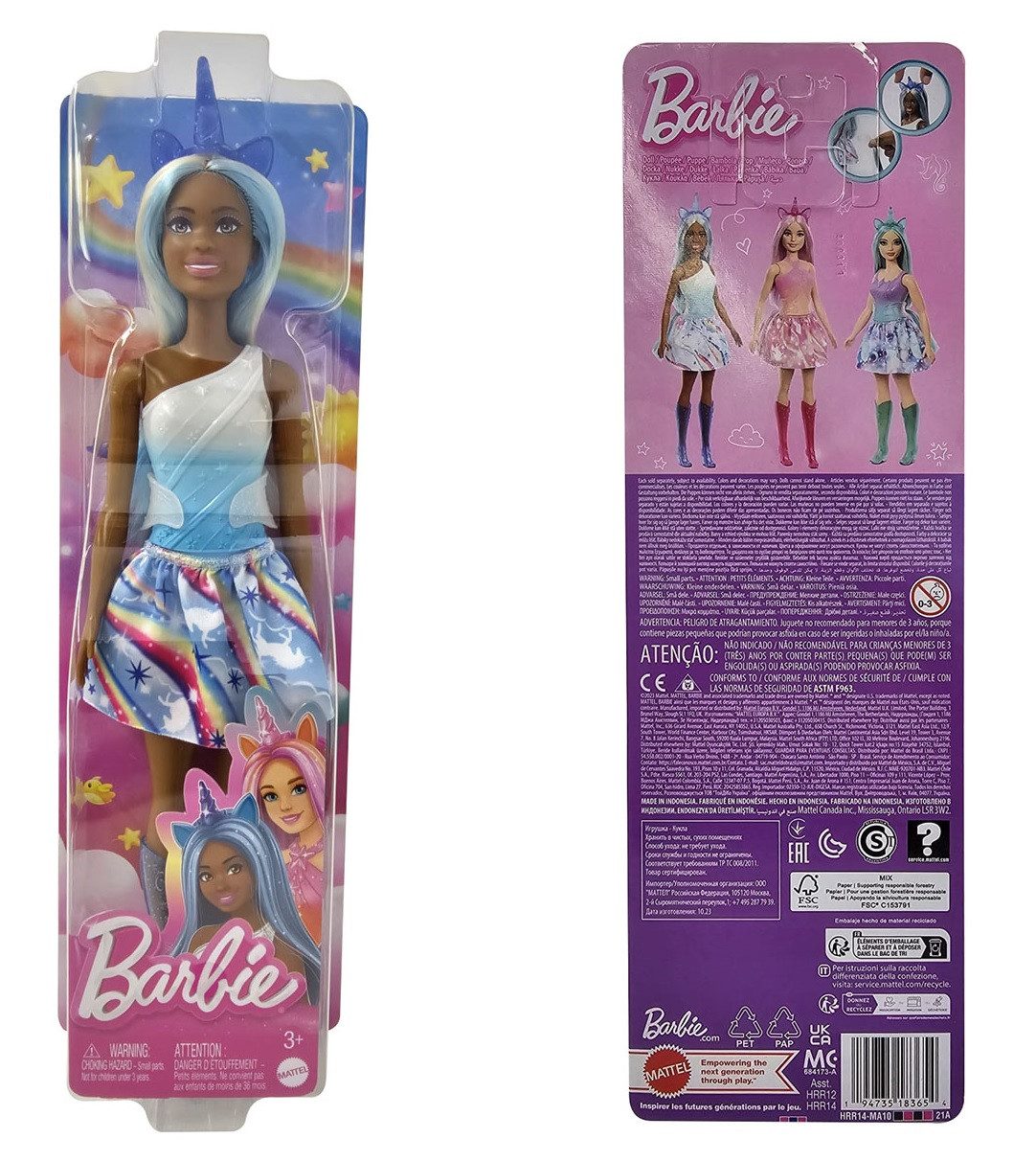 Mattel GmbH Stehpuppe Mattel HRR14 Einhorn Barbie braun mit Regenbogenkleid Weiß Blaue Haare