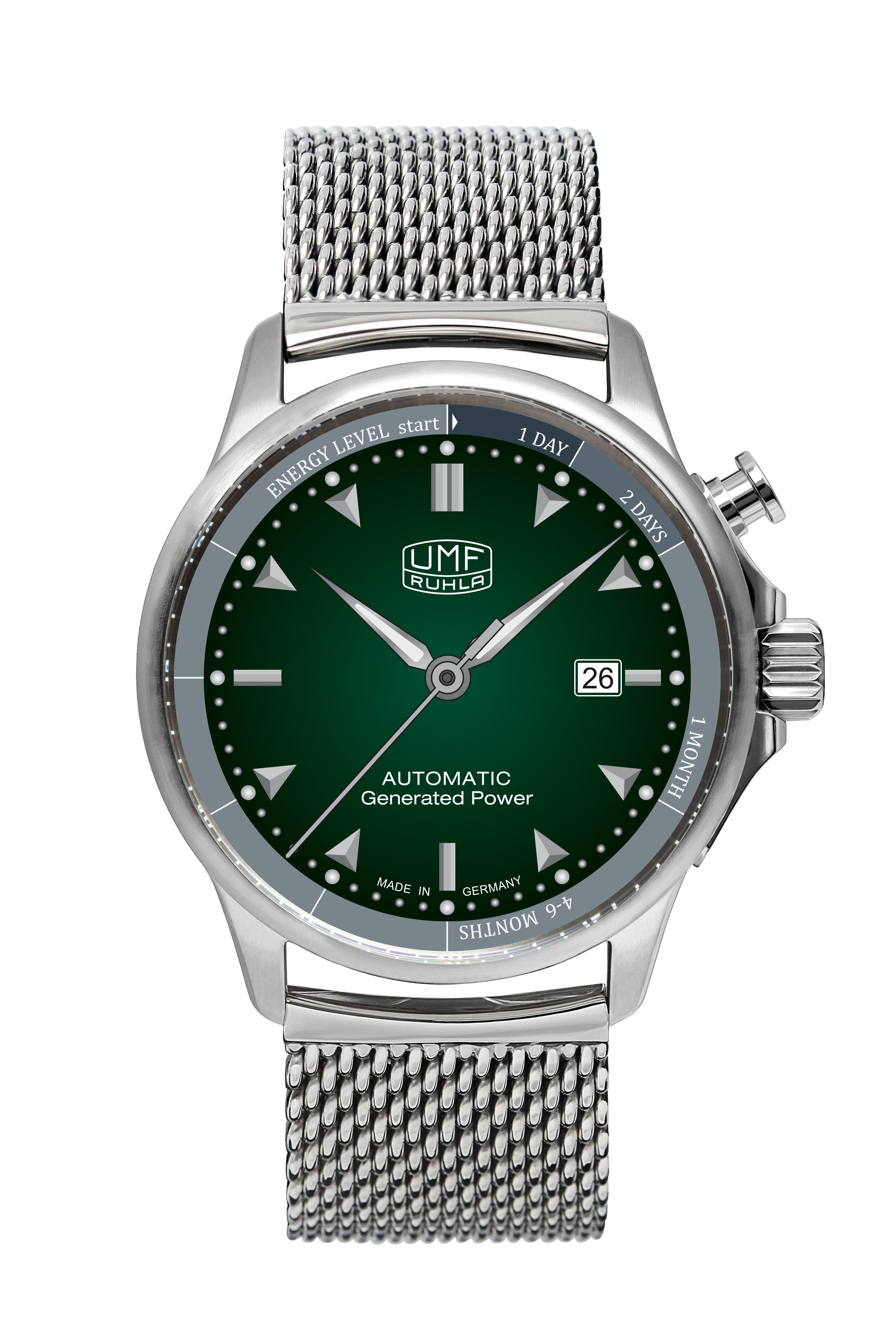 UMF Ruhla Kineticuhr 1062M-4, Autokinetic Herrenuhr, Ziffernblatt in Grün mit Milanaiseband - Made in Germany