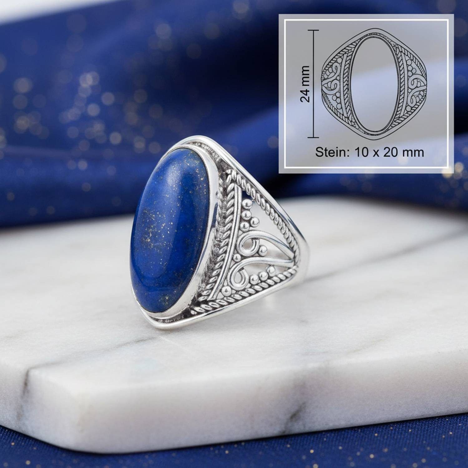 mantraroma Silberring DAHAB oval groß aus 925 Silber mit Lapis Lazuli (Ring mit Schmuckbeutel), Damenring aus 925er Silber – Bild 3 von 5