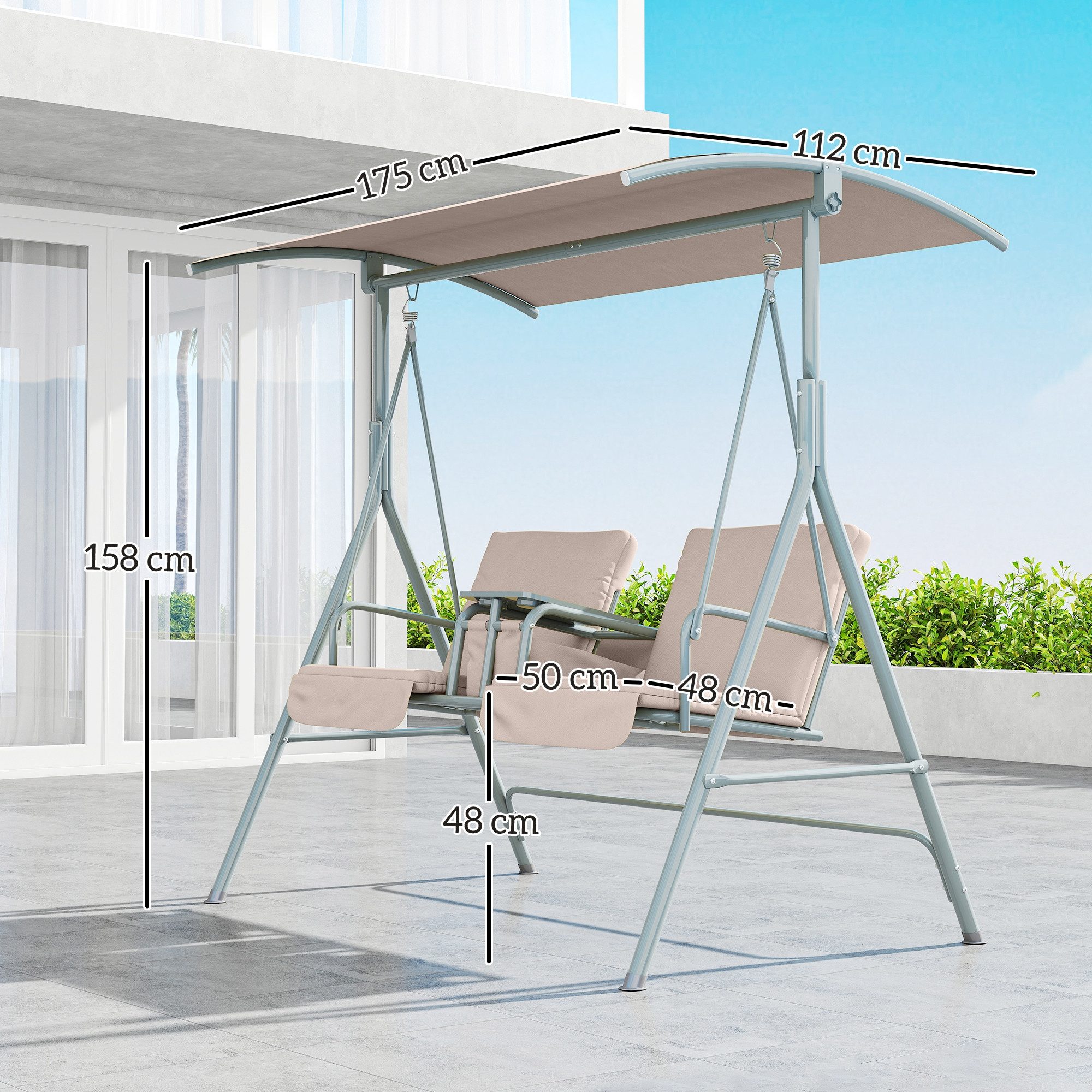 Outsunny Hollywoodschaukel mit Becherhalter, Seitentasche, Sonnendach, belastbar bis 180kg, 2-Sitzer, mit Sonnendach, 2-Sitzer Gartenschaukel, 1 tlg., Schaukelbank, für Garten, Terrasse, 175 x 112 x 158 cm, Beige