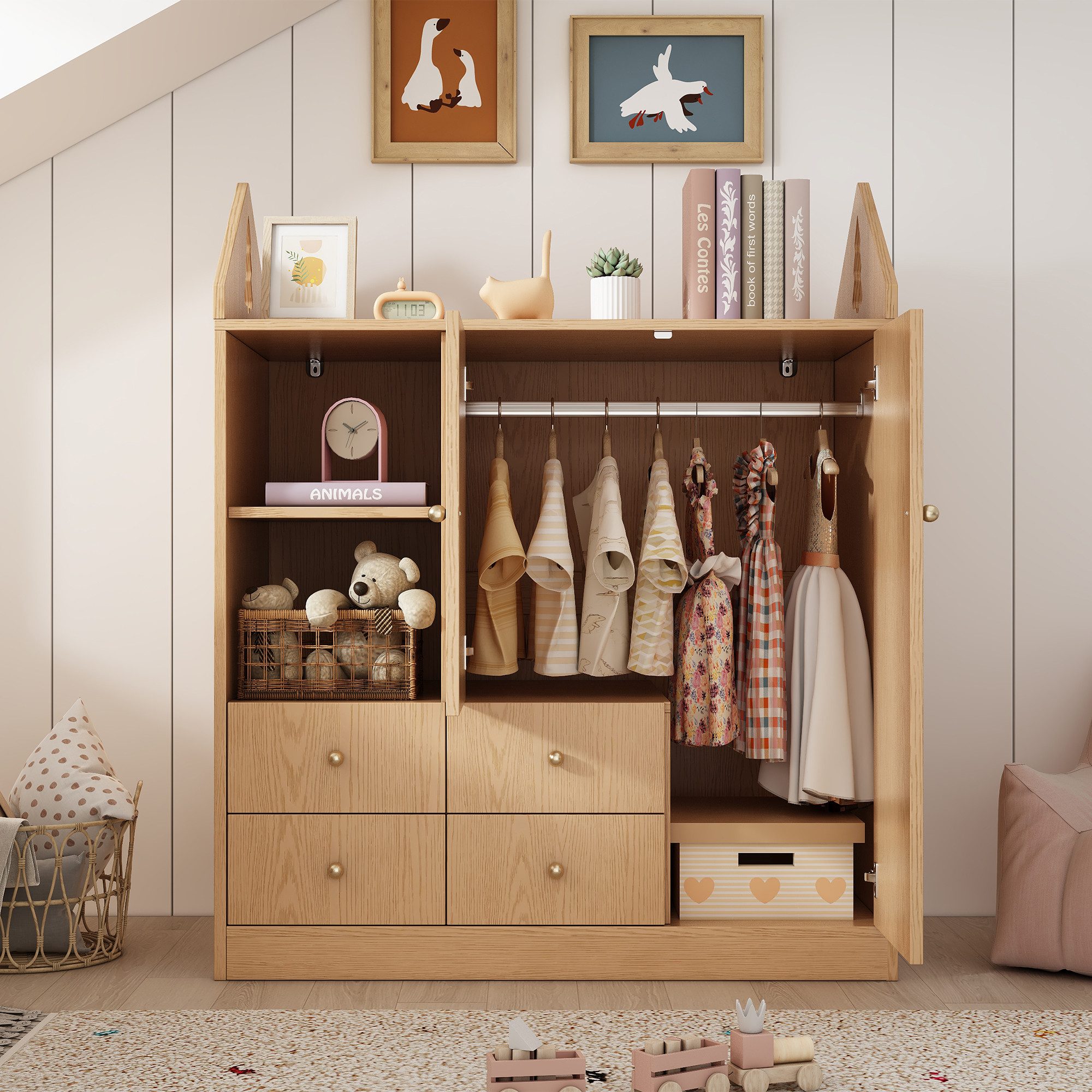 KEFEYA Kinderkleiderschrank in Eiche-Optik für Kinderzimmer und Spielzimmer (131 cm hoch, Hausdesign mit 2 Türen, 4 Schubladen, Kleiderstange und offenen Regalfächern, 1-St)