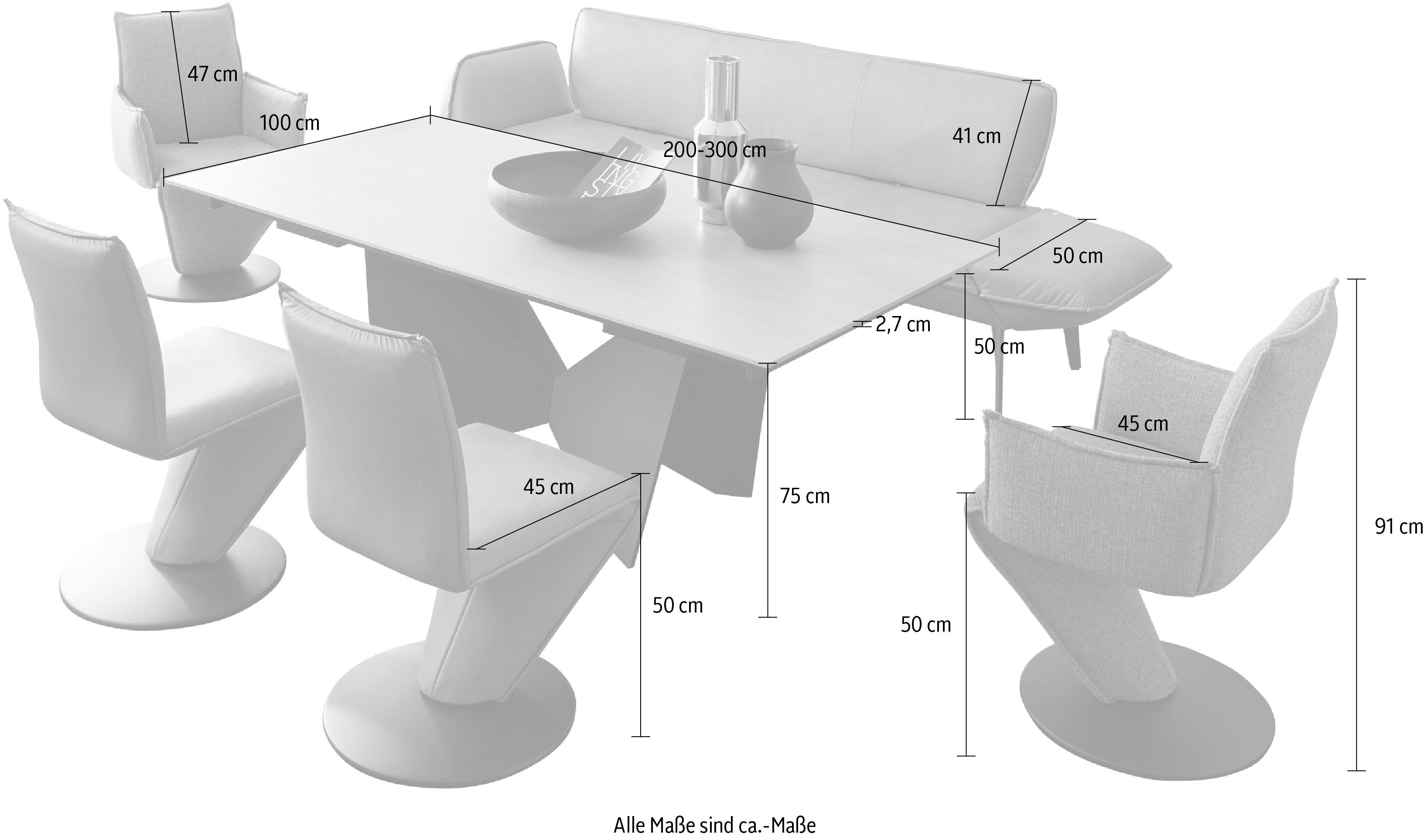 Auszugfunktion Essgruppe Tisch Drehsessel 88 200-300cm 6-tlg), Drive, und & 2 Drehstühle, Wohnen K+W 2 anthrazit (Set, mit Komfort