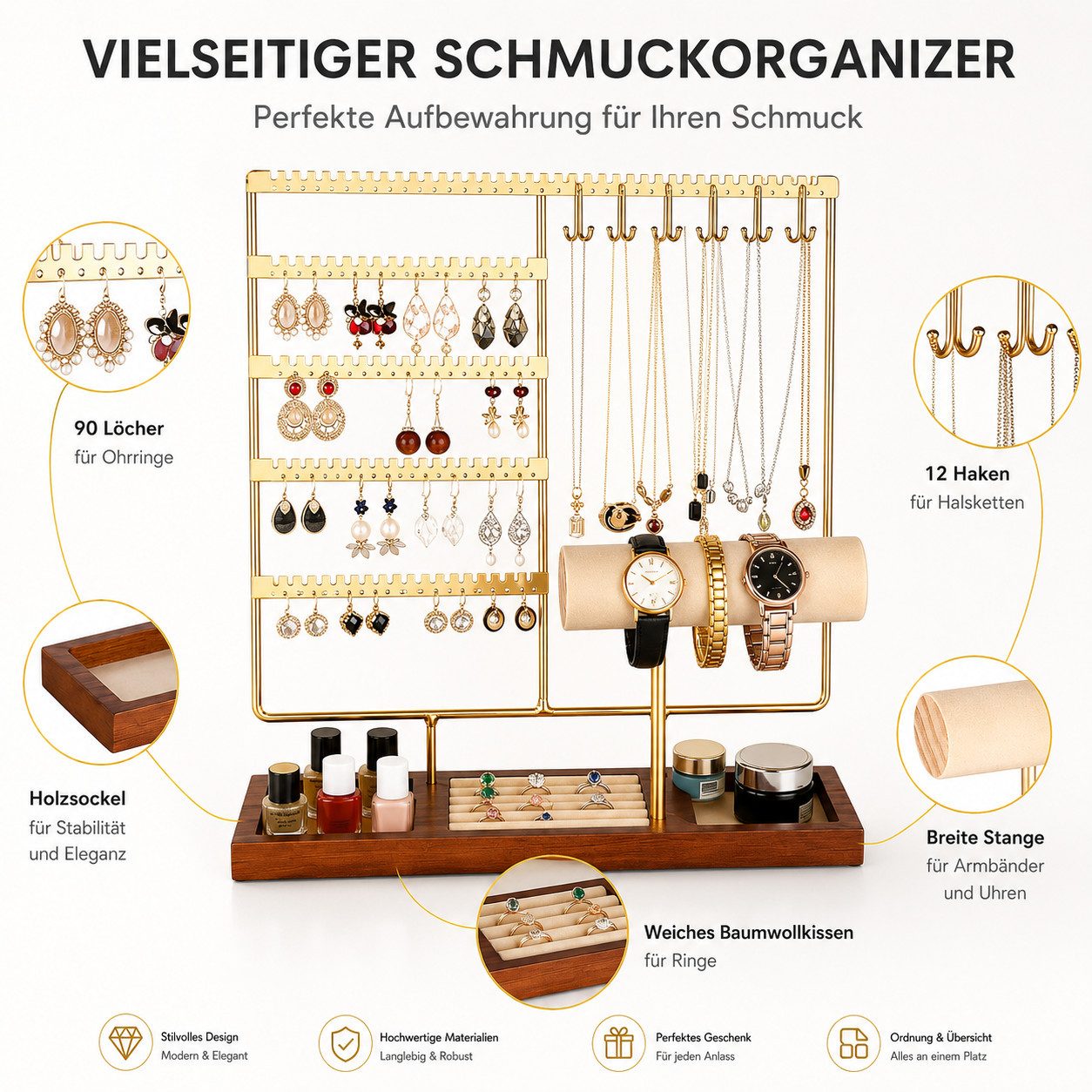 Toomoke Schmuckständer Schmuckhalter, Schmucktablett Samt, Schmuckaufbewahrung (für Armbänder, Halsketten & Uhren), 30*9.5*34.5CM,Geschenkidee,mit Ringablage und T-Steg, 5 Ebenen