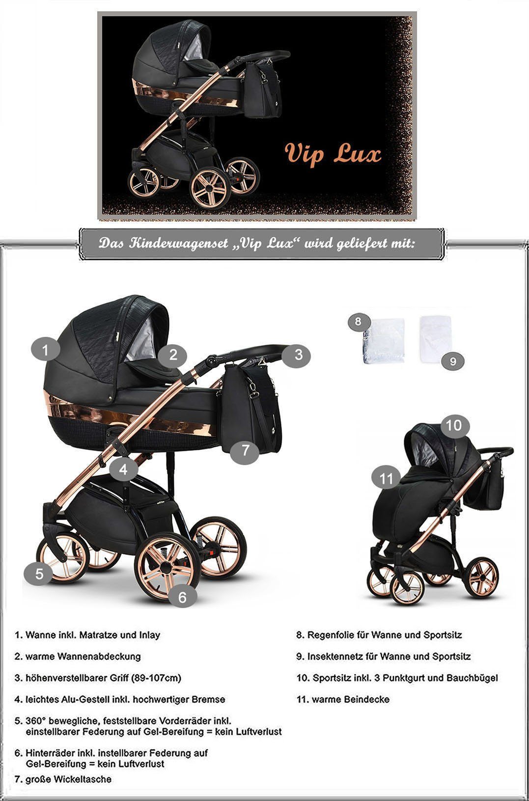babies-on-wheels Kombi-Kinderwagen 2 Farben 1 Silber-Gold-Dekor 16 Lux Kinderwagen-Set - Teile in - 11 Vip in
