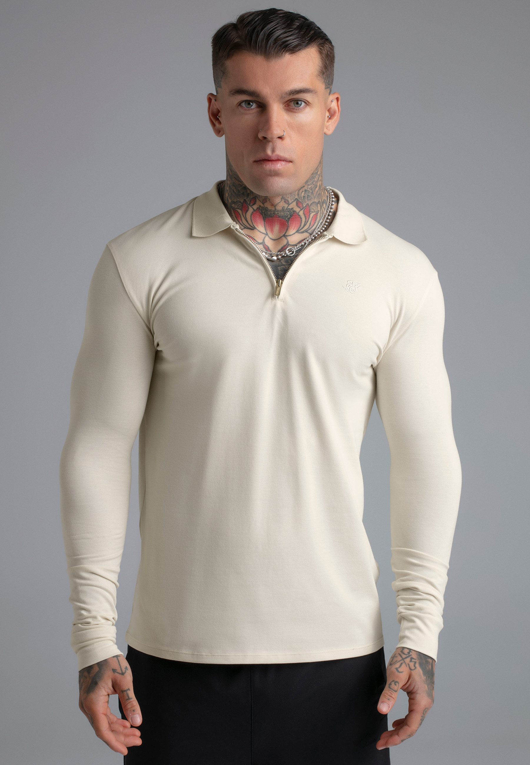 Siksilk T-Shirt SikSilk Herren Ecru Langarm Zip-Polo T-Shirt