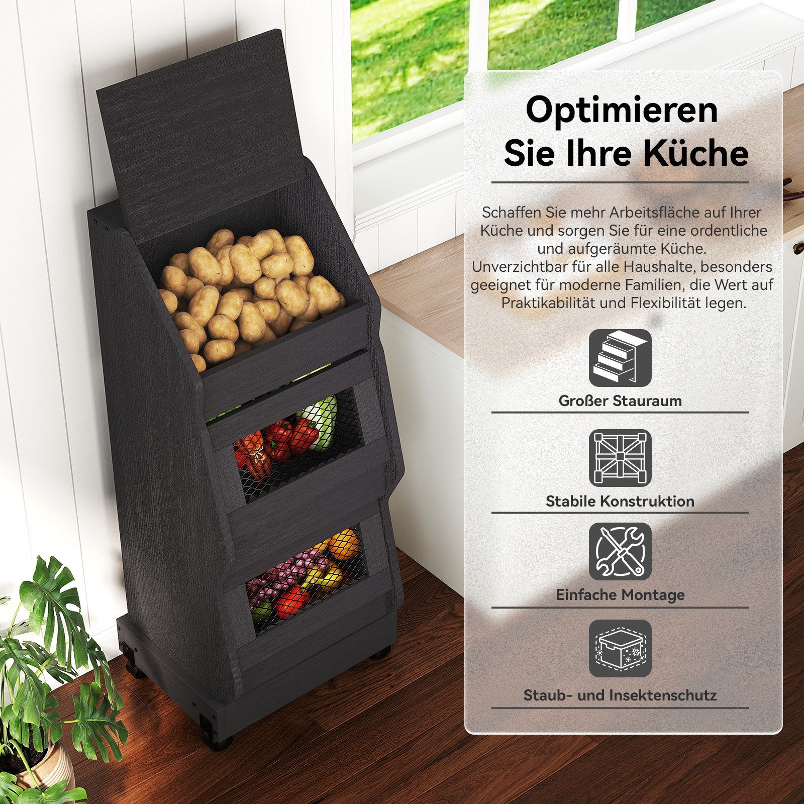 Puluomis Vorratsdose Vorratsdose Kartoffelbox, Gemüsebox mit Rollen, Kartoffelkiste, (Gemüsebehälter mit Belüftung und Brotfach, Aufbewahrung von Gemüse und Obst, Kartoffelbox braun schwarz)