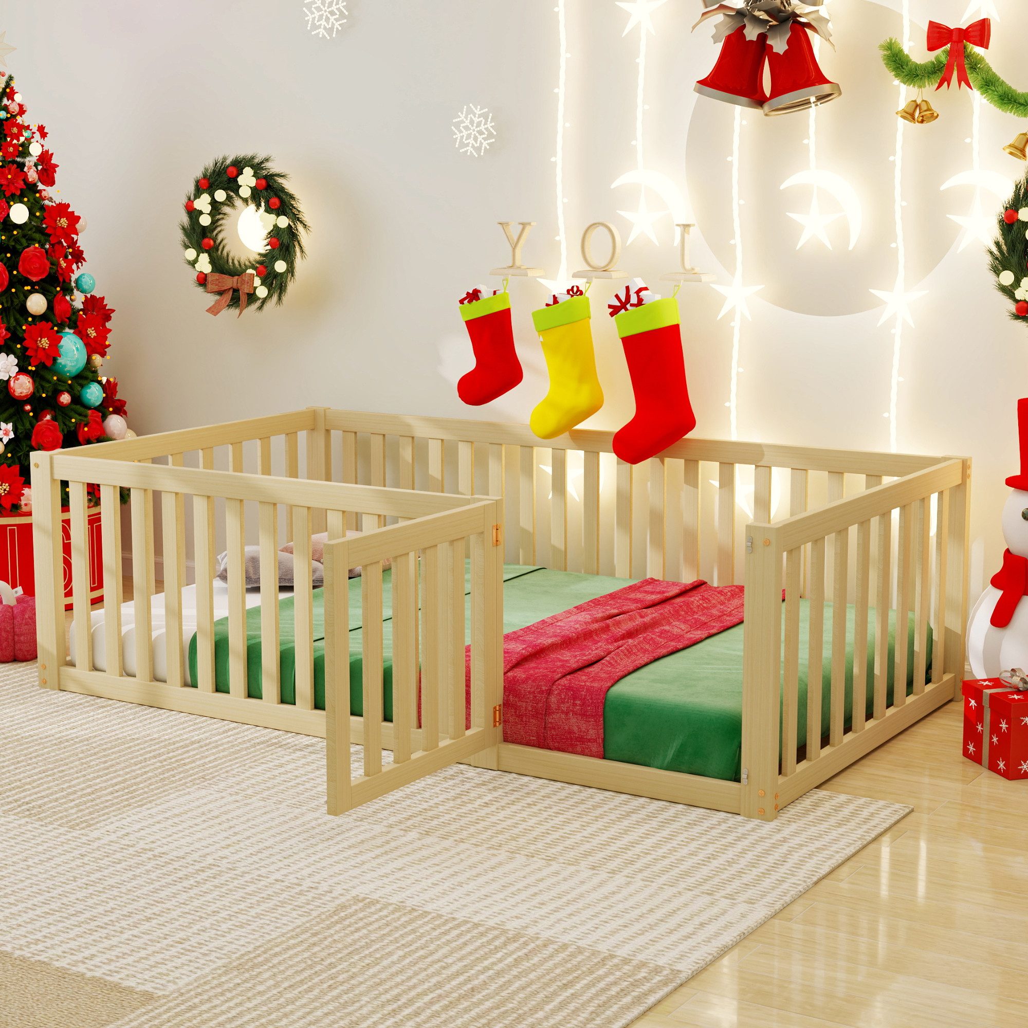 Rutaqian Einzelbett Kinderbett Bodenbett Einzelbett 90 x 200 cm, (1-tlg), Holzboden Bettrahmen mit Zaun und Tür