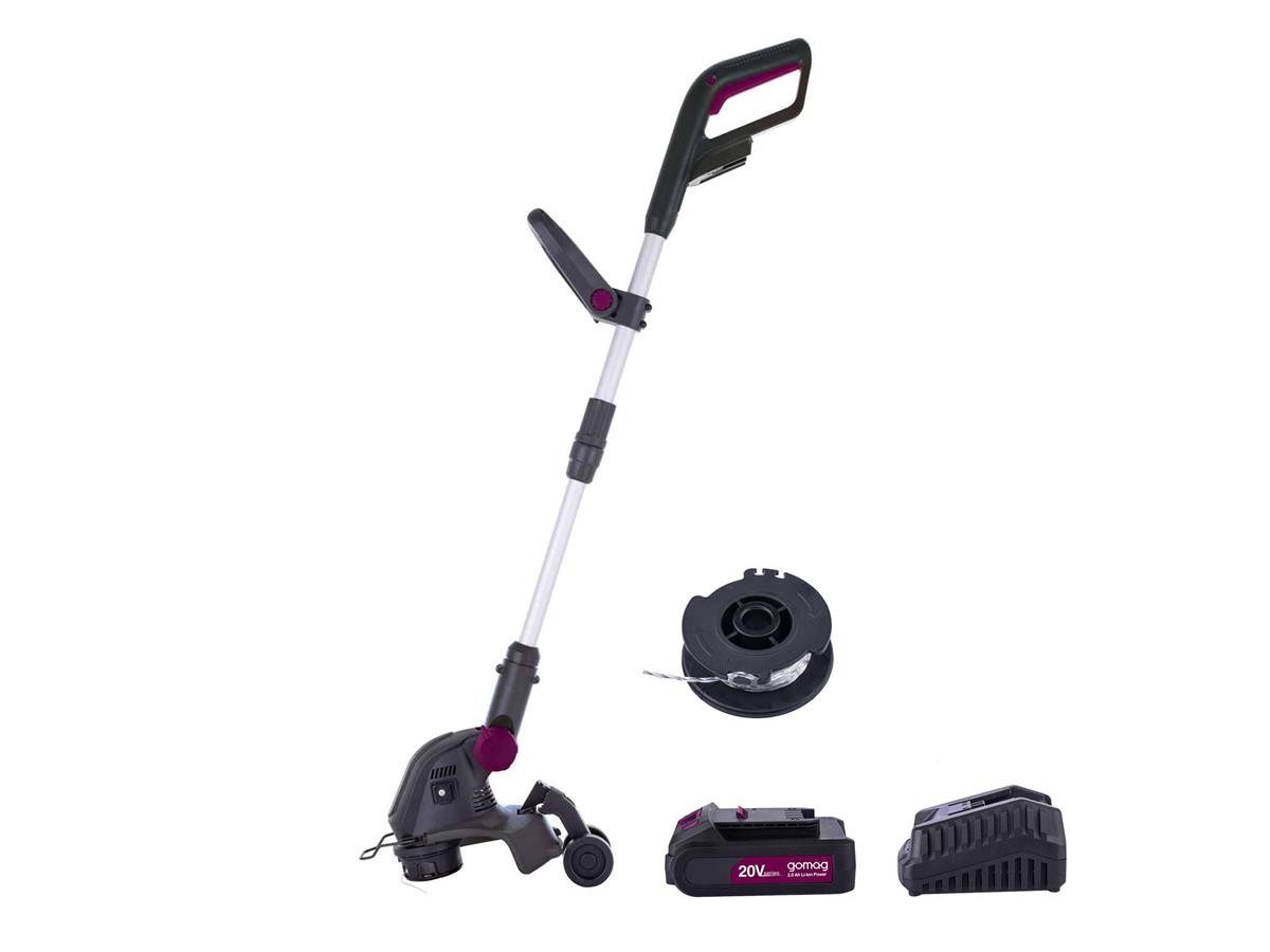 Gomag Akku-Rasentrimmer GO-RT300 + 2,0 Ah Starterkit, 0,16 cm Arbeitsbreite Faden, (Set), Schutzhülle mit Fadenmesser und ausklappbarem Pflanzenschutzbügel