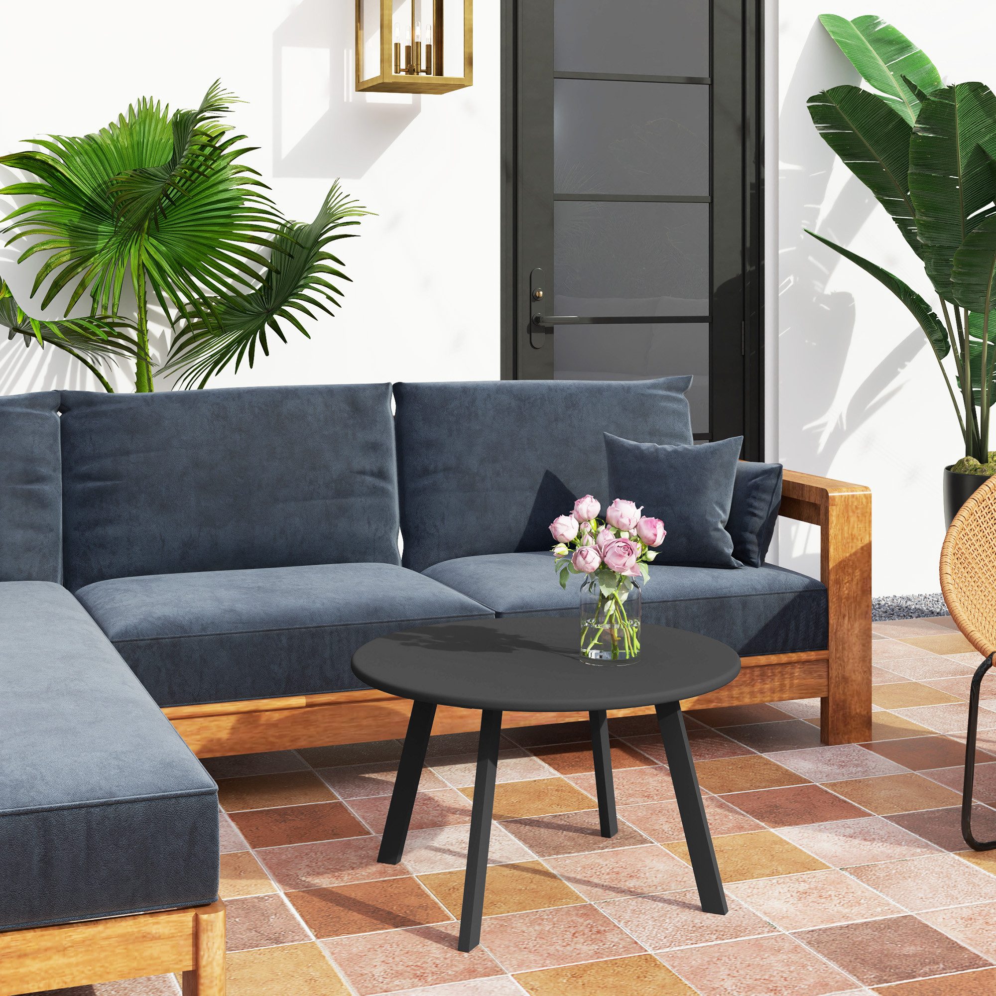 Outsunny Beistelltisch aus Metall, Rund, wetterfest, pflegeleicht (Couchtisch, 1-St., Gartentisch), für Balkon Garten Terrasse Veranda Wohnzimmer, Ø70 x 42H cm, Schwarz