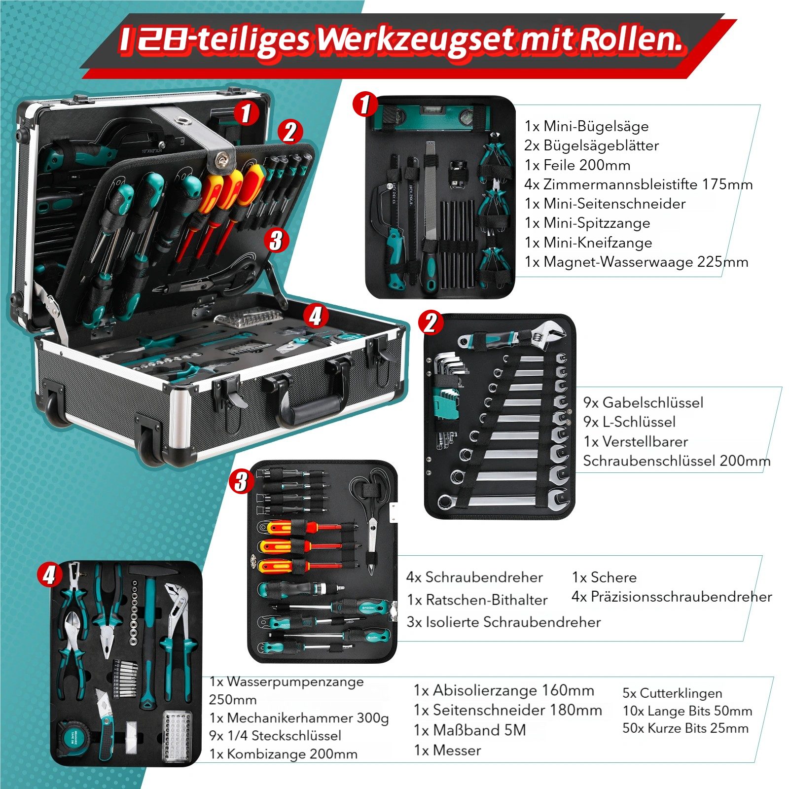 TLGREEN Werkzeugtrolley 128-tlg Werkzeugkoffer,Trolley-Funktion Werkzeugkasten, für DIYer Handwerks-Meister Haushalt Werkstatt – Bild 3 von 5