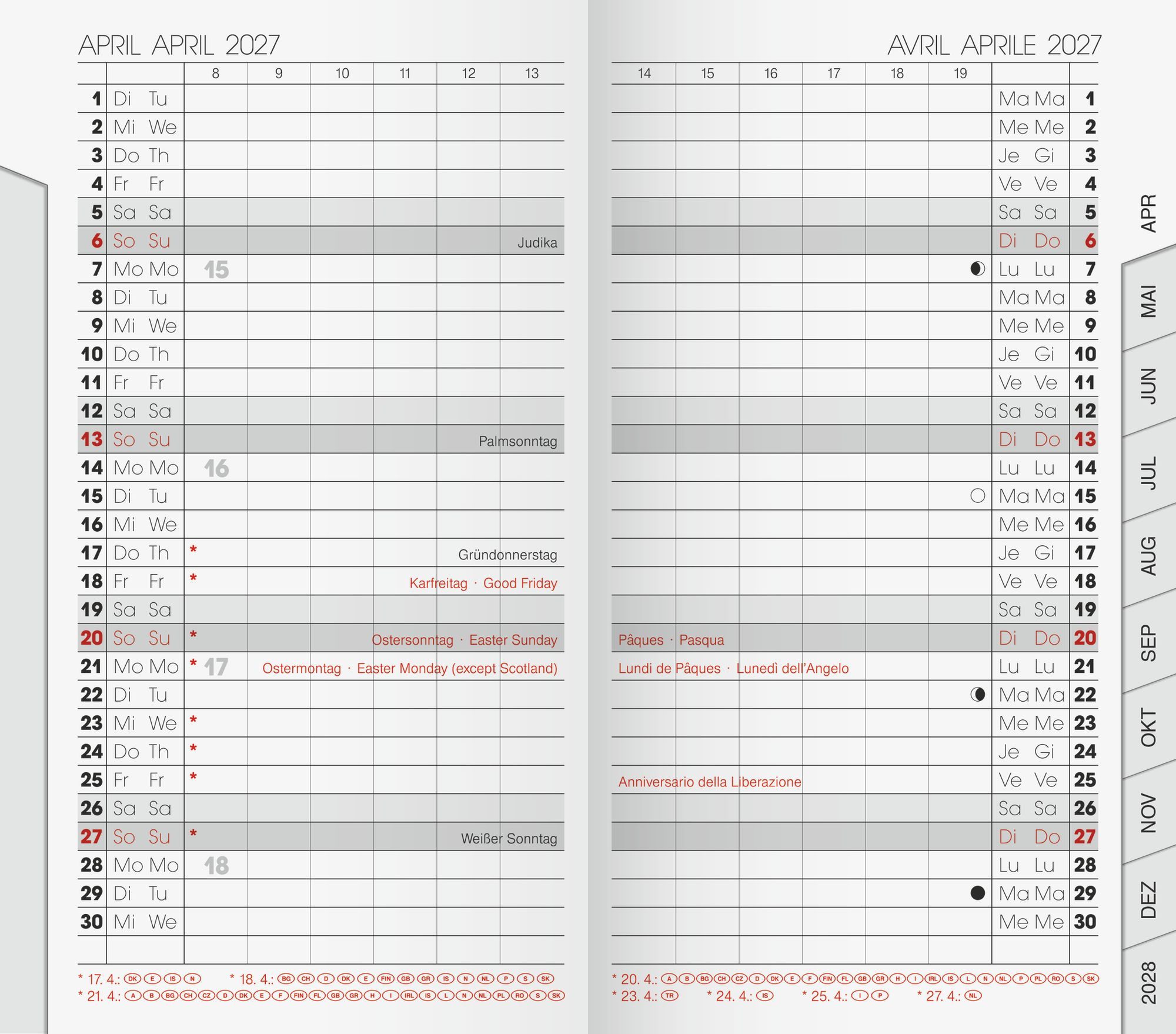 Baier & Schneider Taschenkalender Ersatzkalendarium Mod 751 2027 Monatsplaner, Monatsregisterschnitt
