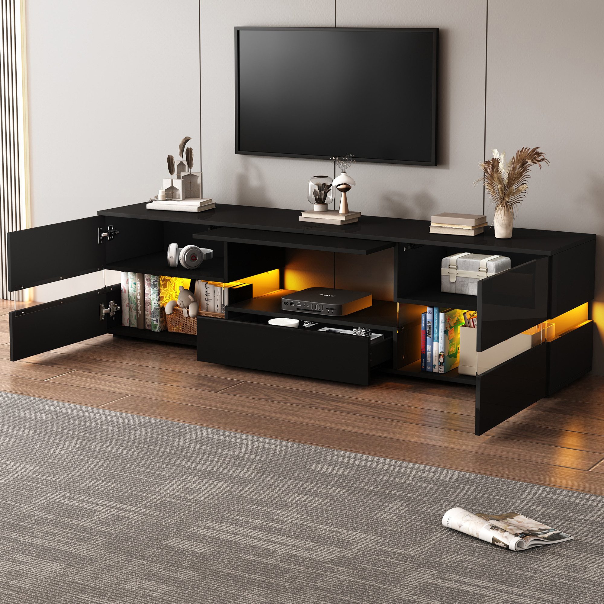 Merax Lowboard Hochglanz mit LED-Beleuchtung & Push-to-Open (für Fernseher bis 70 Zoll, 1 St), TV-Schrank mit 2 Türen, 1 Schublade & Acrylglaseinsatz, 160x39x45cm