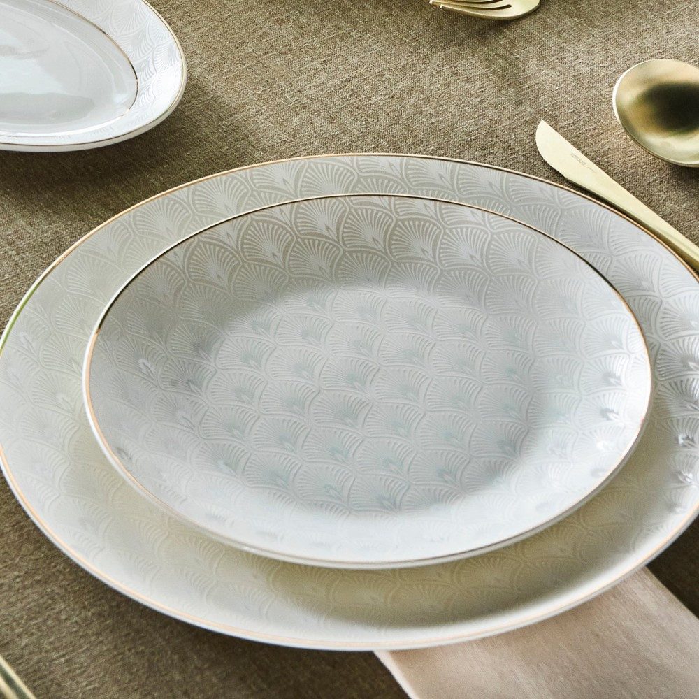 Karaca Geschirr-Set Karaca Elegance Bone Mandarin 53-teiliges Geschirrset für 12 Personen, Gold Kombigeschirr Tafelservice Tellerset Serviceteller